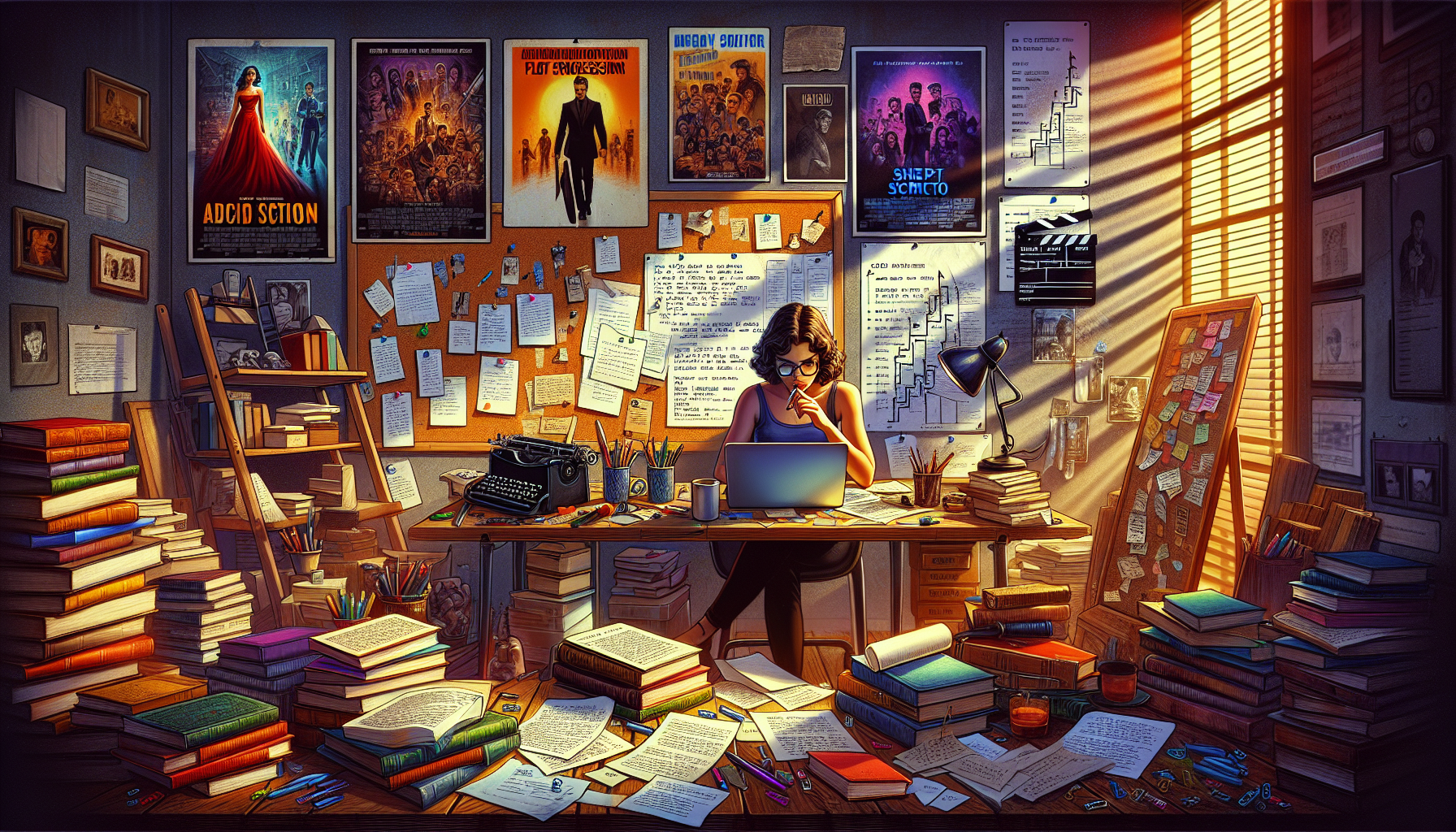 A vibrant scene at a cozy writer's desk filled with creative clutter: stacks of screenplay books, handwritten notes, and a laptop displaying a script. A motivated writer is deep in thought, pen in hand, surrounded by inspirational movie posters on the walls. On one side, a window lets in golden sunlight, illuminating the scene and the titles of key scriptwriting books like Save the Cat and Story that are scattered around. The background subtly shows a progression chart and plot points on a corkboard, portraying the step-by-step process of crafting a captivating movie script.