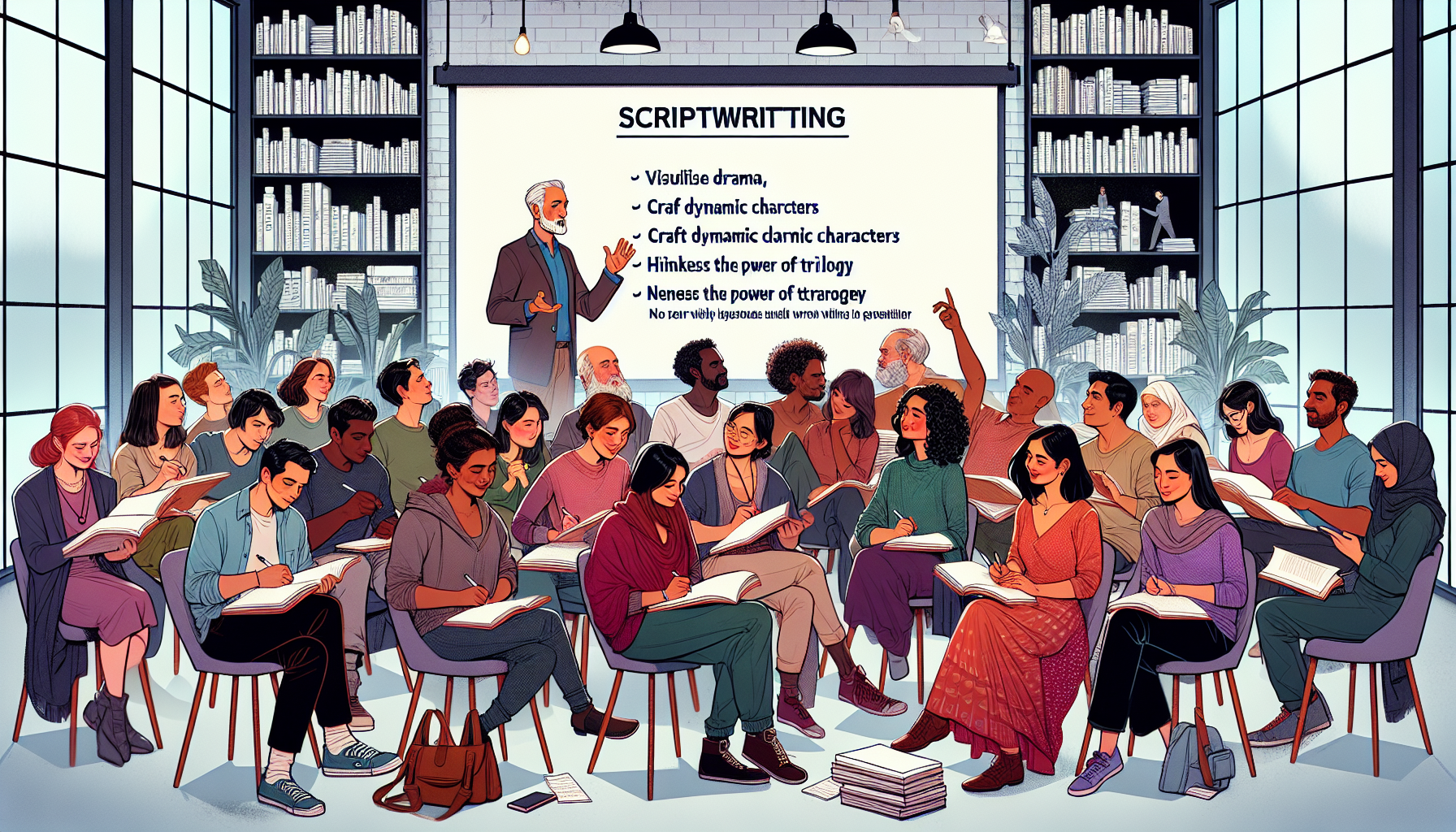 Create an image of a diverse group of aspiring writers in a cozy, modern classroom setting, eagerly taking notes and discussing ideas. The room should have floor-to-ceiling bookshelves filled with various scripts, and a prominent whiteboard displaying key tips such as Show, Don’t Tell, Develop Strong Characters, and Master the Three-Act Structure. A seasoned scriptwriter stands at the front, passionately sharing insights with the class.