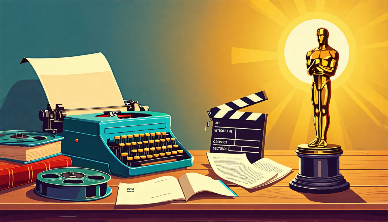 Here's a DALL-E prompt for an image related to this article:nnA vintage typewriter on a wooden desk with a movie clapperboard, film reels, and scattered screenplay pages. A golden Oscar statue stands nearby, illuminated by a warm spotlight. The scene evokes a sense of creativity and cinematic storytelling.