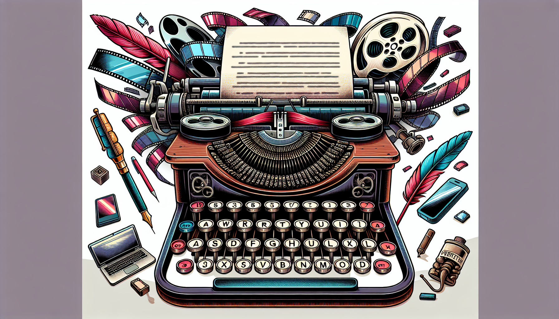 Here's a DALL-E prompt for an image related to this article:nnA stylized illustration of a typewriter with film reels emerging from it, transforming into a movie screen. The typewriter keys have screenplay terms like 'FADE IN' and 'CUT TO' instead of letters. A quill pen and a modern laptop hover nearby, symbolizing the evolution of screenwriting tools.