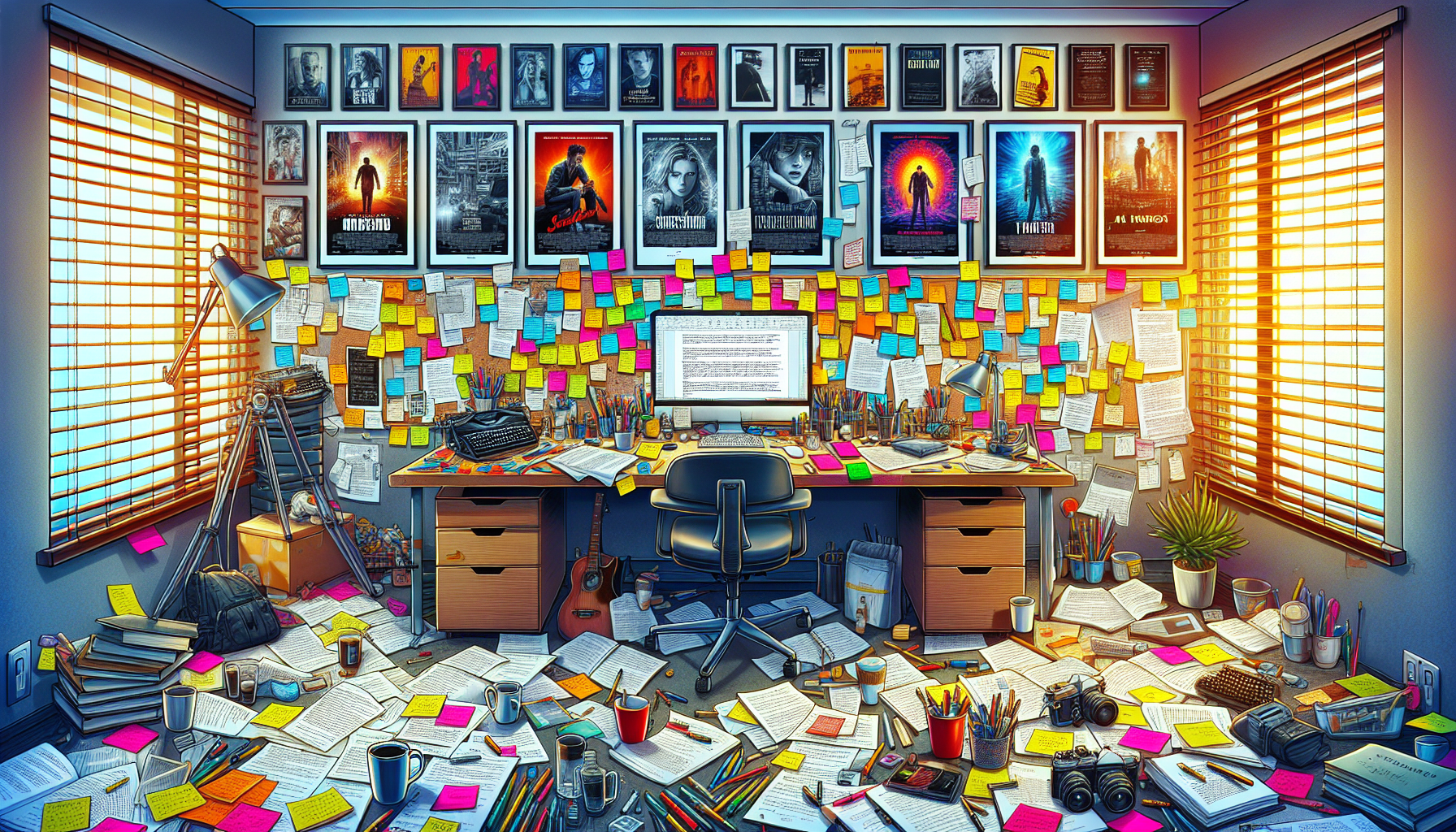 Create an illustration of a bustling writer's workspace, featuring a desktop scattered with scripts, notes, and coffee mugs. The room is filled with film posters and sticky notes on the walls, capturing the essence of the art and craft of screenwriting.