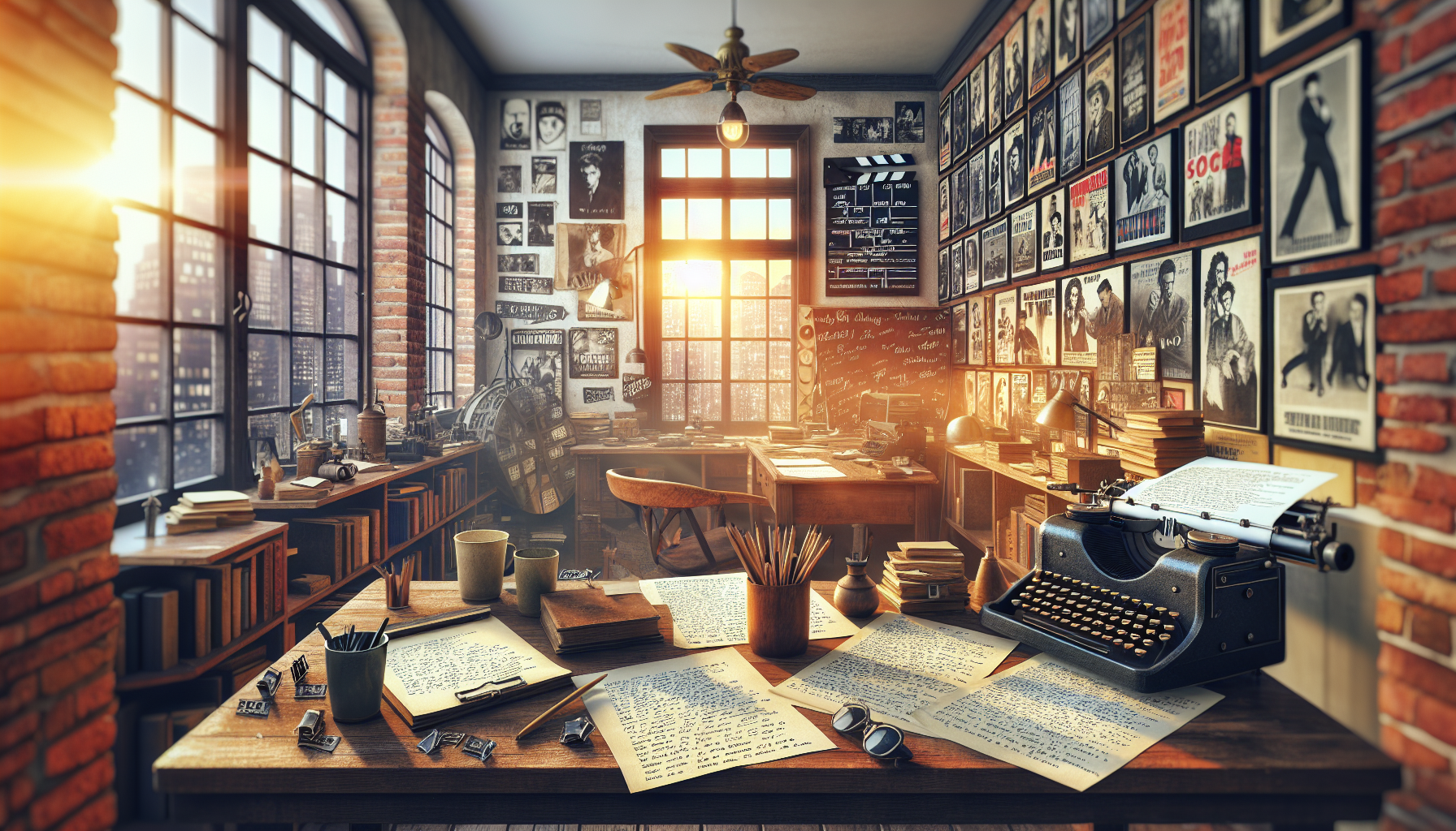 Create an illustration featuring the workspace of a famous movie scriptwriter. The scene includes a desk cluttered with handwritten notes and screenplay pages, a typewriter, vintage movie posters on the walls, and a window overlooking a bustling film studio. In the background, you can see a storyboard and a shelf filled with classic screenwriting books. Make the atmosphere feel creative and inspiring, with warm lighting casting a glow over the workspace.