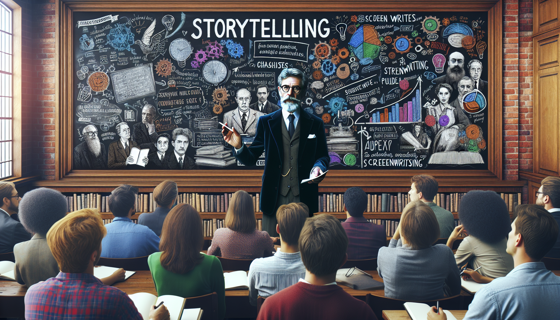 Create an image of renowned storytelling expert Robert McKee standing in front of a large chalkboard filled with storytelling principles and diagrams. He is passionately explaining the concepts to an engaged audience of diverse writers, all taking notes eagerly. The setting should have an academic yet creative atmosphere, with bookshelves filled with classic literature and screenwriting guides in the background.