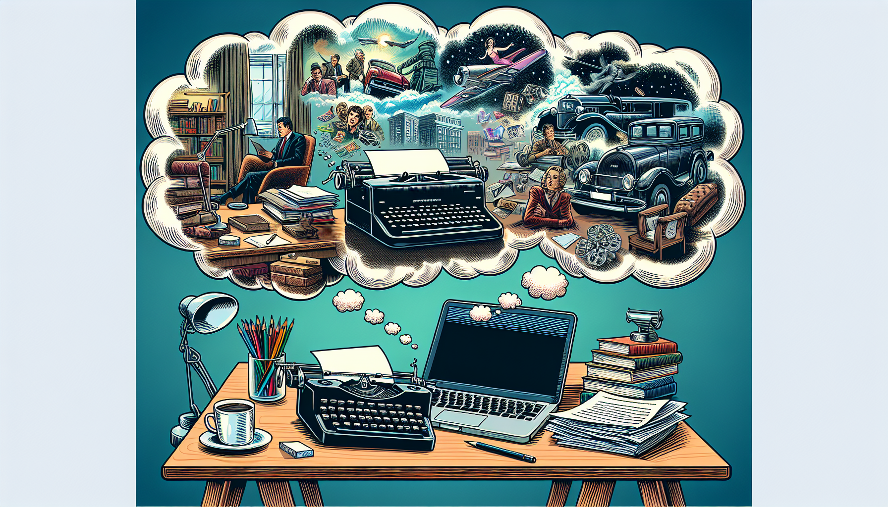 Here's a DALL-E prompt for an image related to the article Crafting Your Story: A Beginner's Guide to Screenplay Writing:nnA cozy writing desk with a laptop, stacks of paper, coffee mug, and a vintage typewriter. Floating above are thought bubbles containing iconic movie scenes, symbolizing the screenwriter's creative process.nnThis image would visually represent the process of screenplay writing, combining modern and traditional writing tools with the creative imagination required for crafting cinematic stories.