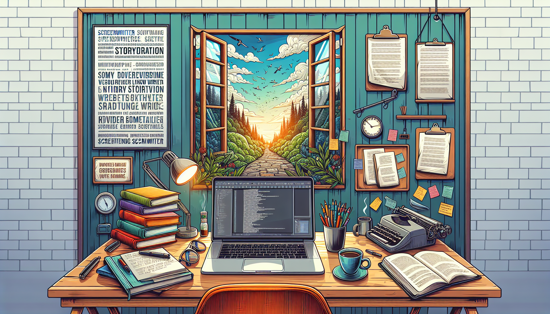 An inspiring workspace for aspiring screenwriters, featuring a cozy desk with a laptop open to a screenwriting software interface, surrounded by motivational quotes on the walls, stacks of movie scripts, a notebook filled with handwritten notes, a cup of coffee, and a window showing a beautiful outdoor scene. The atmosphere is creative and inviting, emphasizing the journey of screenwriting and the pursuit of storytelling.