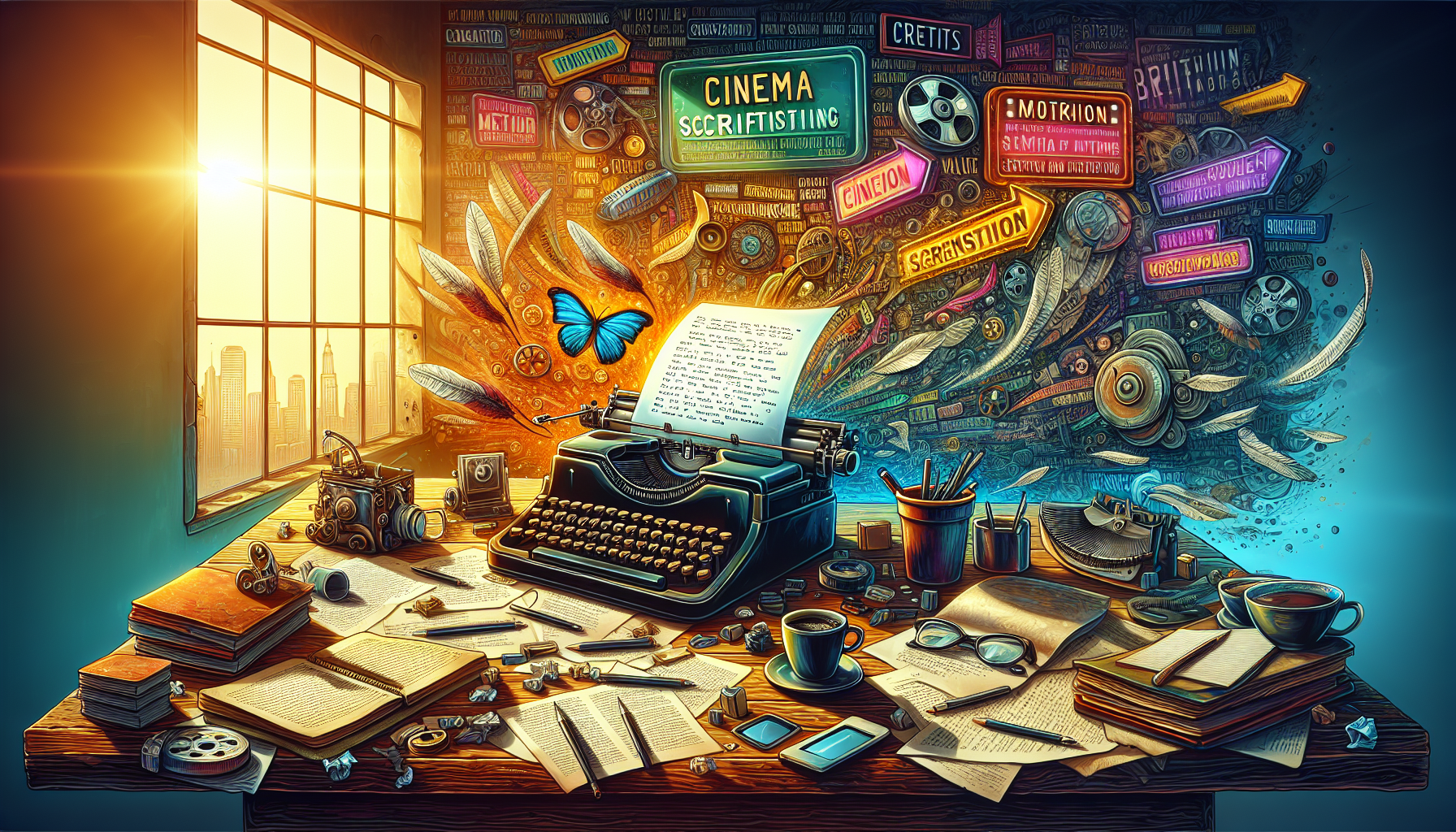 An artistic workspace filled with a vintage typewriter, scattered notes, coffee cups, and a glowing laptop screen displaying a screenplay. The background features a large window with sunlight pouring in and a wall covered in movie posters and inspirational quotes about screenwriting. The scene should evoke creativity and a writer's journey, capturing the essence of becoming a screenwriter.