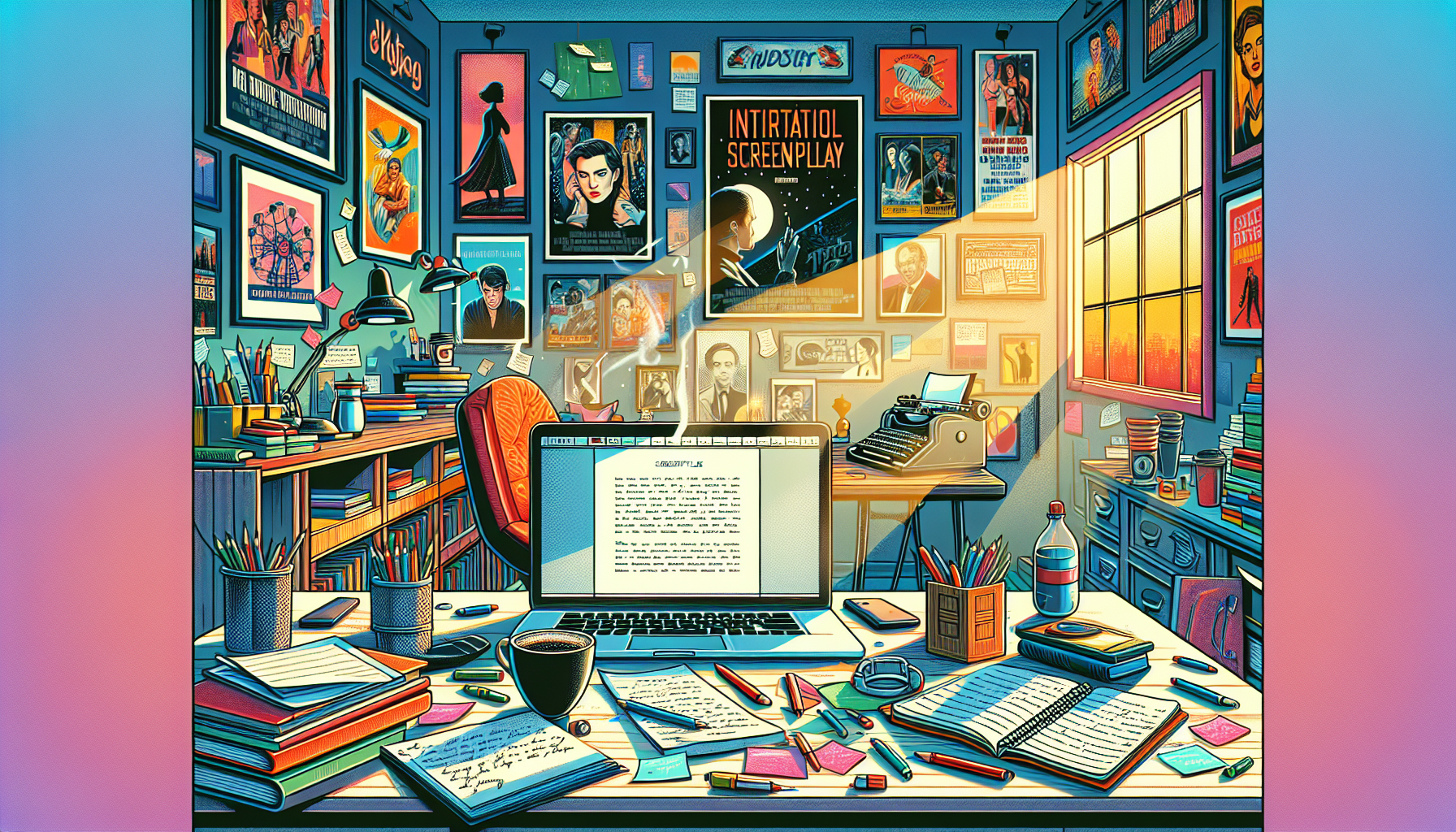 An artistic representation of a creative writing workspace featuring an open laptop with a screenplay on the screen, surrounded by scattered notes, a coffee cup, and a bookshelf filled with film references. The background includes inspirational posters of famous movies and a large window showing a sunny day outside, symbolizing the journey of crafting a screenplay for submission.