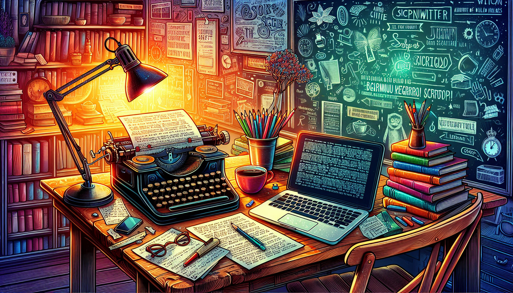 Create an inspiring and visually engaging illustration of a cozy writing workspace, featuring a desk with a vintage typewriter, scattered script pages, a laptop displaying a screenplay, and a coffee mug. In the background, include a chalkboard with script writing tips and a bookshelf filled with books on film and storytelling. The setting should have warm lighting and a creative atmosphere, evoking the journey of learning script writing as a beginner.