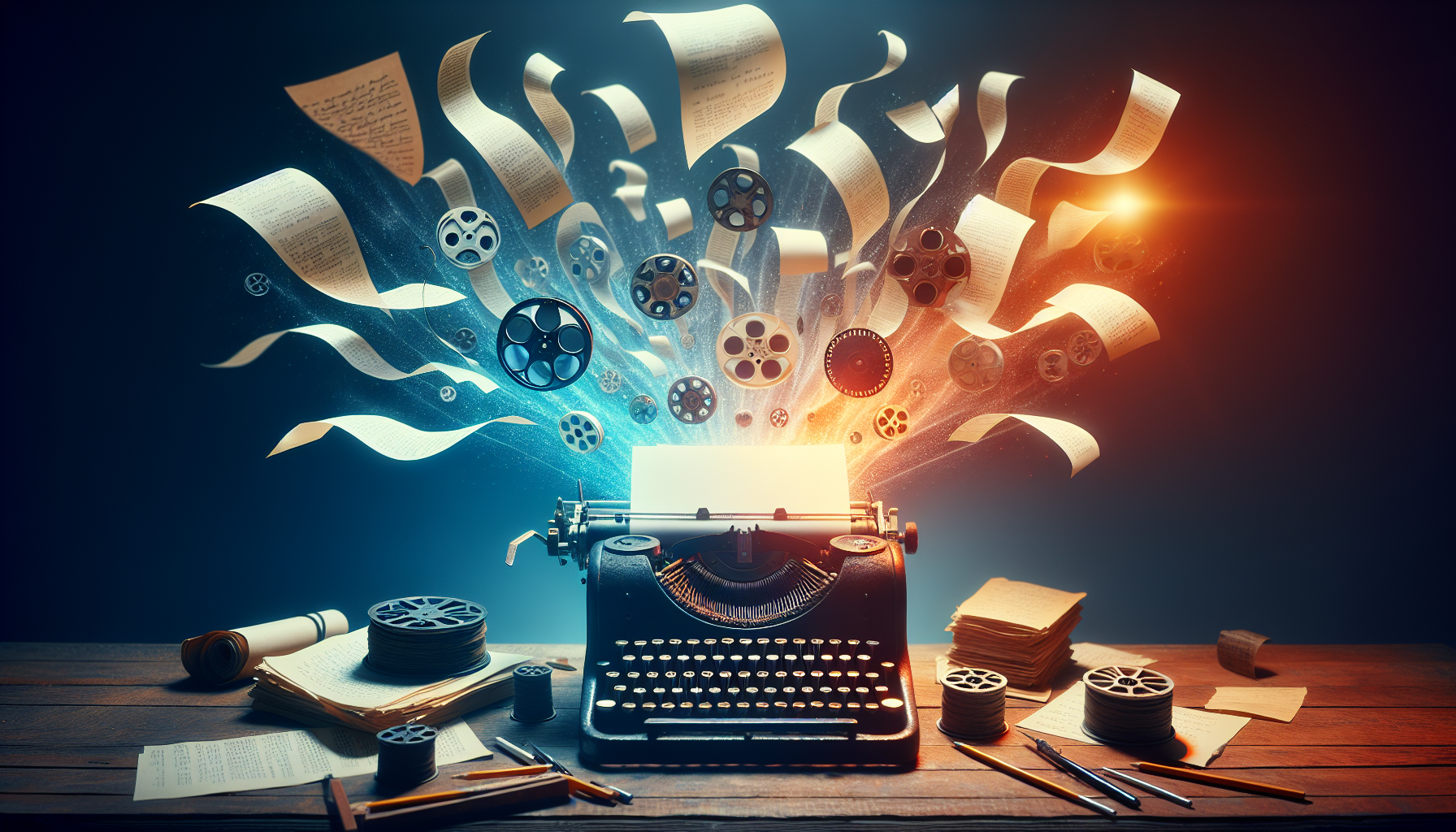 Here's a DALL-E prompt for an image related to this article:nnA stylized, artistic composition featuring a vintage typewriter on a desk, with sheets of script paper floating up and transforming into film reels and movie scenes, symbolizing the journey from written word to visual storytelling in screenwriting.