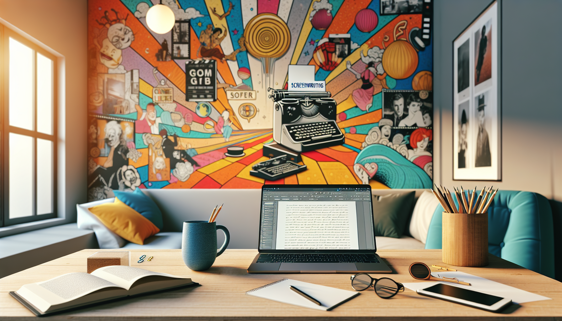 An artistic representation of a cozy writing space, featuring a laptop with the Final Draft screenwriting software open. The scene includes a coffee mug, scattered notes, and a vibrant mural on the wall depicting famous movie scenes, symbolizing creativity and storytelling. Soft natural light filters through a window, illuminating the space, inviting aspiring screenwriters to find inspiration.