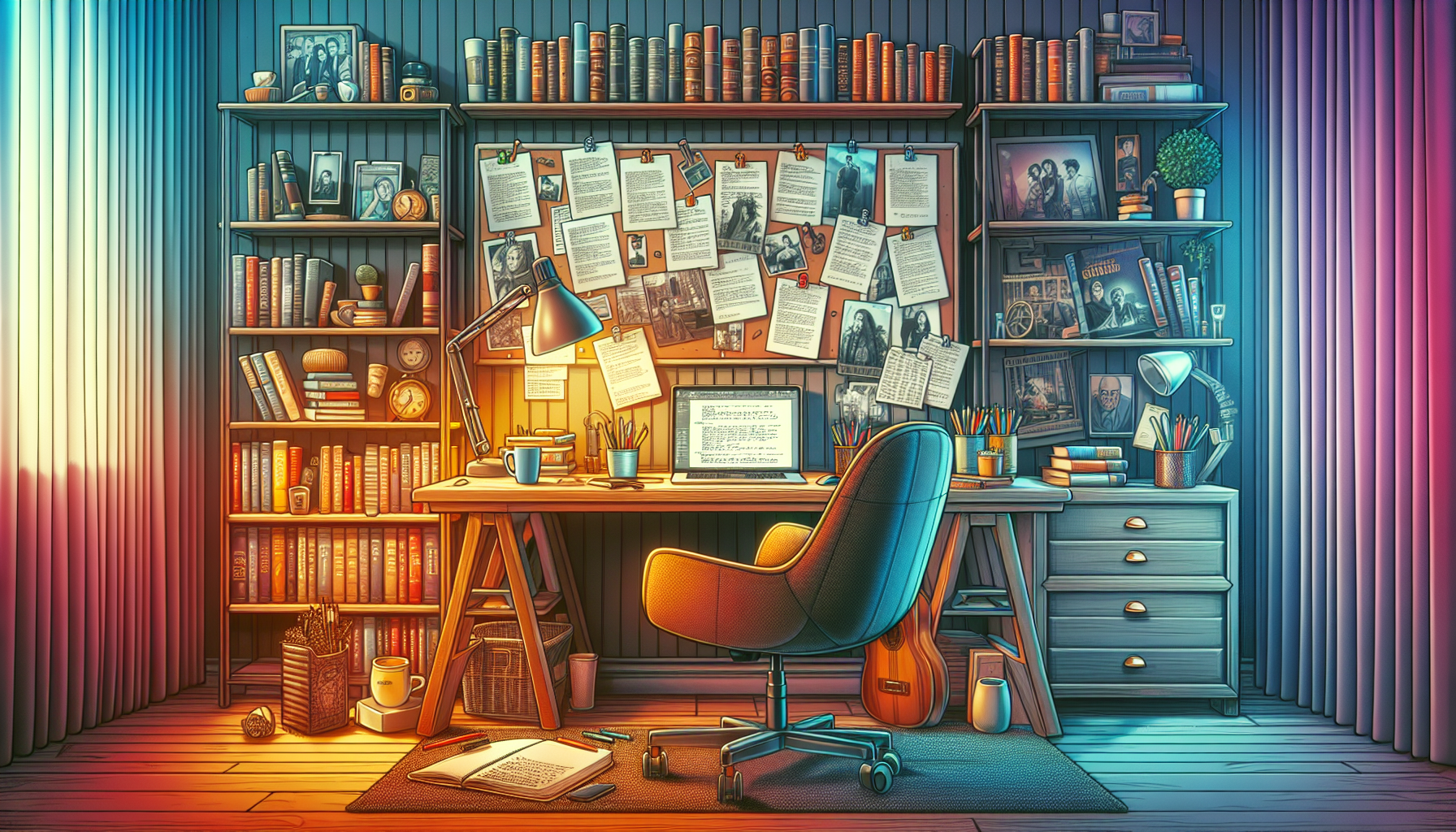 An inspirational workspace for a screenwriter, featuring a cozy home office with a desk cluttered with notepads, coffee mugs, and a laptop displaying a screenplay. The background showcases a bookshelf filled with classic film scripts and a bulletin board with scenes and notes pinned up. Soft lighting and a comfortable chair create a warm, inviting atmosphere, perfect for creative writing at home.