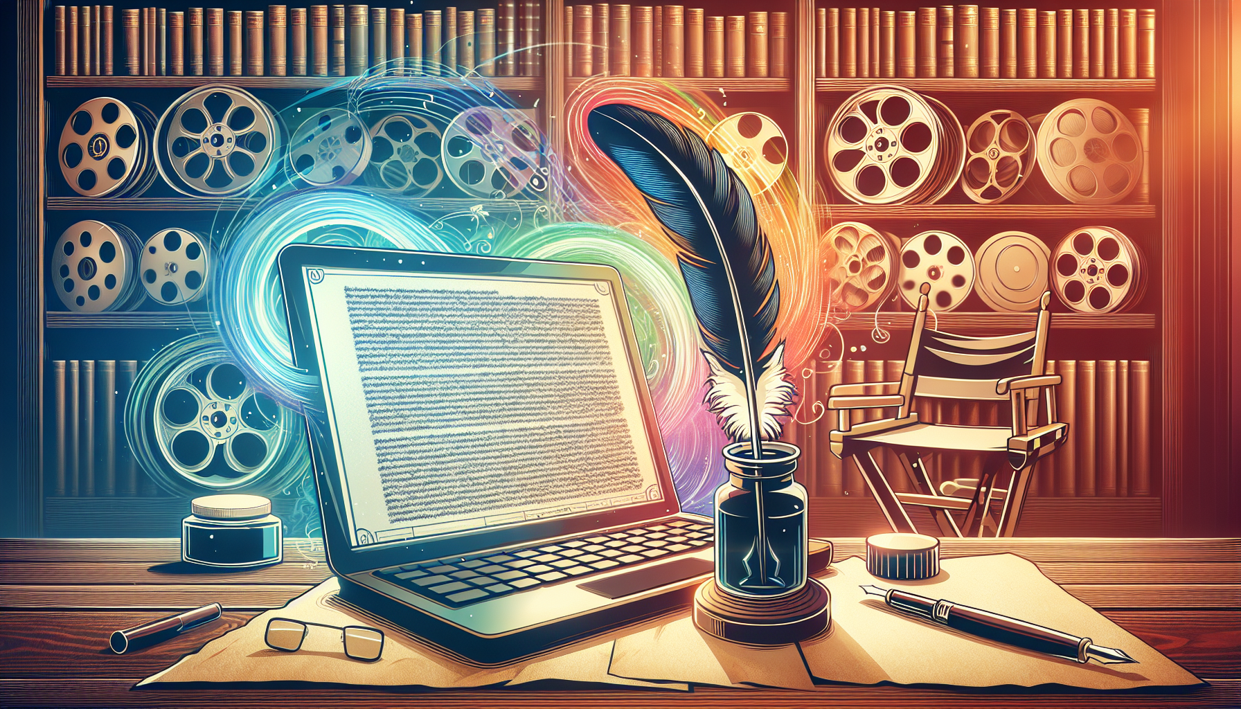 Here's a DALL-E prompt for an image related to this article:nnA stylized illustration of a laptop screen showing a screenplay in progress, with a quill pen and inkwell beside it. The background features shelves of classic film reels and a director's chair. The Skillshare logo subtly appears in one corner.