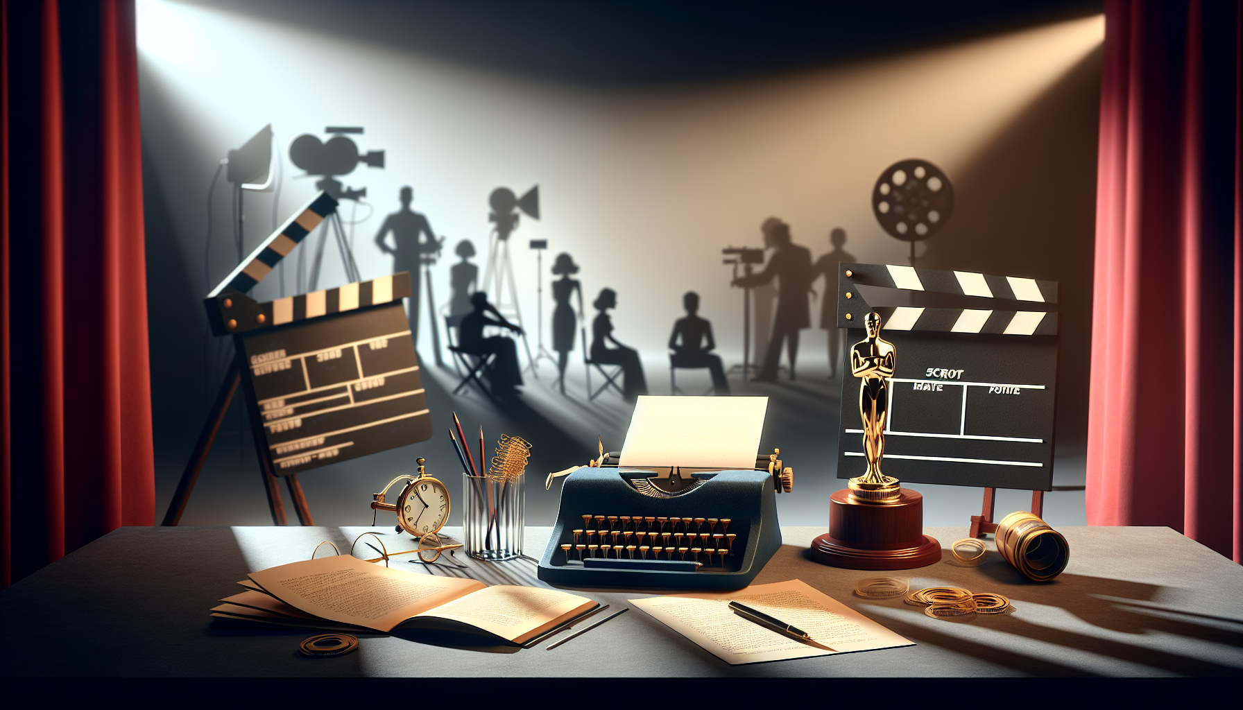 Here's a DALL-E prompt for an image related to the article Mastering the Art of Script Writing: A Comprehensive Masterclass:nnA stylized, cinematic scene showing a writer's desk with a vintage typewriter, scattered script pages, a director's clapperboard, and a golden Oscar statuette. Soft, dramatic lighting illuminates the scene, casting long shadows. In the background, a blurred film set is visible with silhouettes of actors and cameras.