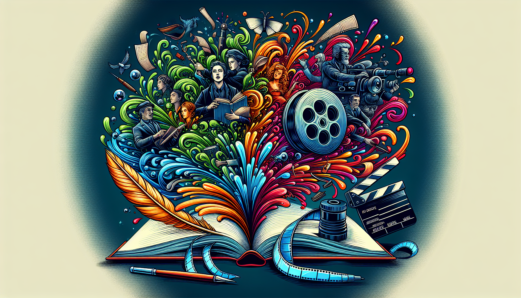 Here's a DALL-E prompt for an image related to the article Robert McKee's Storytelling Secrets: Crafting Compelling Narratives:nnA stylized illustration of an open book transforming into a movie reel, with vibrant characters and plot elements emerging from its pages, symbolizing the art of storytelling across different mediums. Include a quill pen and a director's clapperboard in the foreground to represent both writing and filmmaking.