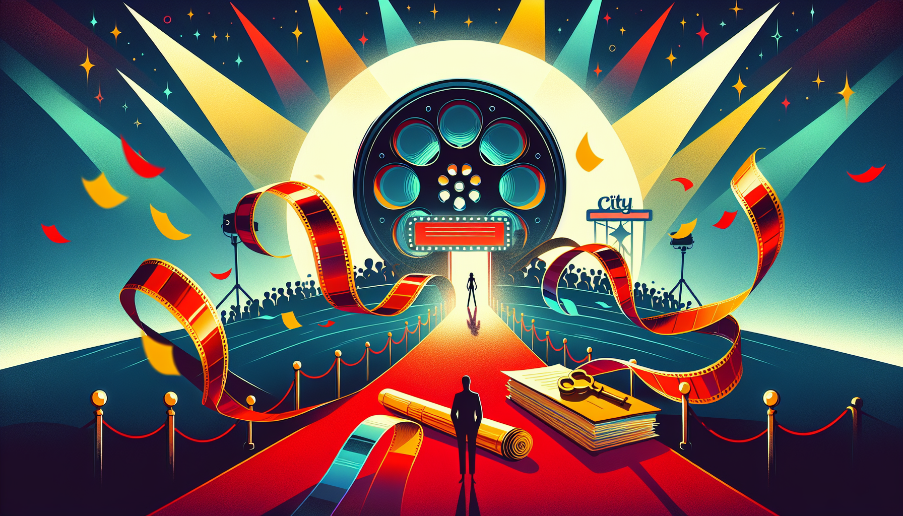 DALL-E prompt:nnA stylized illustration of a film reel unrolling into a red carpet, with pages of a screenplay floating above. In the background, a shadowy figure holds a large golden key, representing the gatekeeper. The Hollywood sign is visible in the distance, with spotlights illuminating the scene.