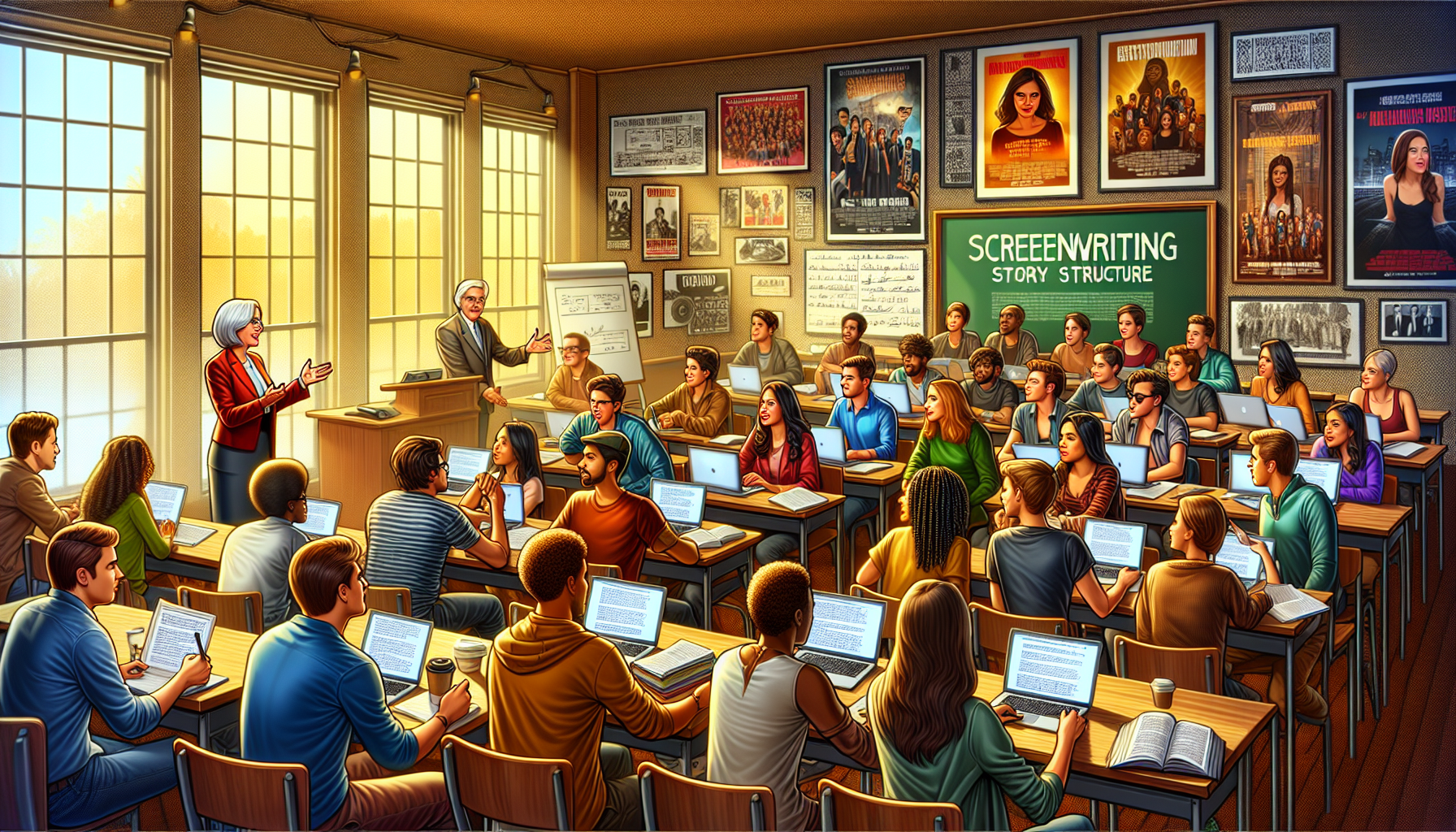 An inspiring college classroom scene with diverse students engaged in a screenwriting class, surrounded by movie posters, scripts, and laptops. A professor is animatedly discussing story structure while students take notes, brainstorm ideas, and collaborate on projects. Sunlight streams in through large windows, creating a warm and inviting atmosphere that highlights the creativity and passion of aspiring screenwriters.