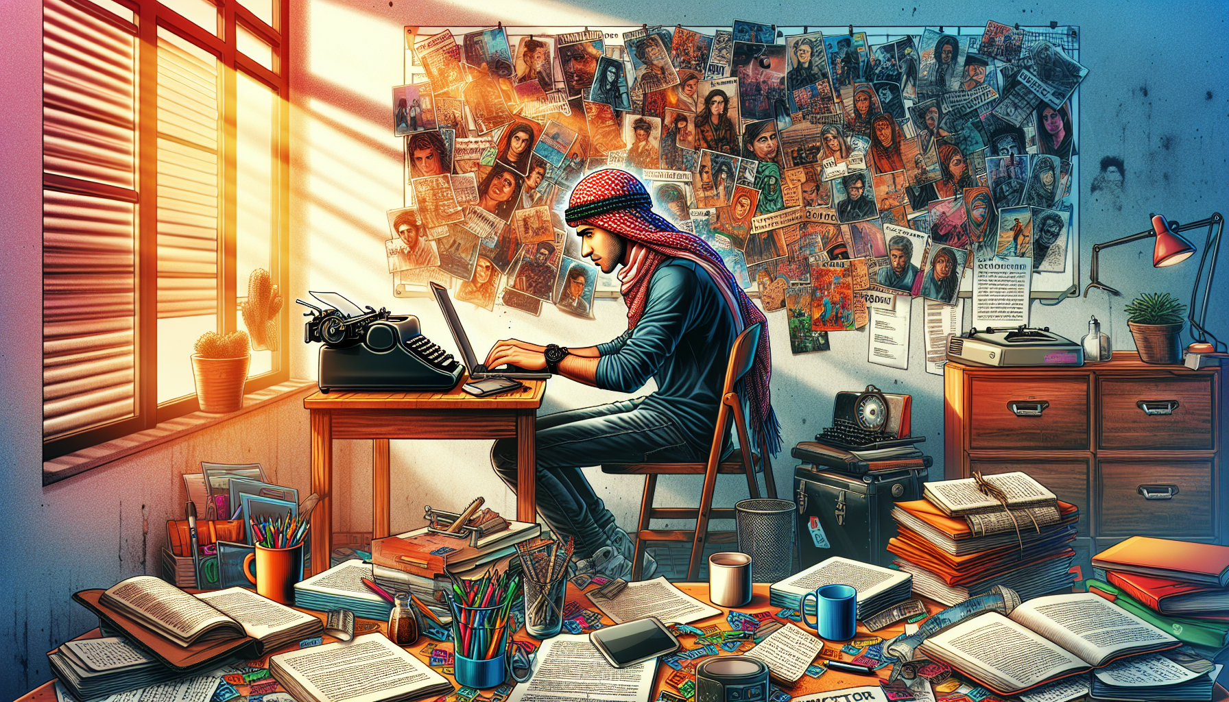 Create an inspiring and visually engaging scene of a young screenwriter sitting at a cluttered desk filled with notebooks, coffee cups, and movie posters, deep in thought. In the background, a vision board filled with scenes, characters, and story arcs is pinned on the wall. A bright window lets in sunlight, illuminating the writer's passionate expression as they type on a laptop. Include elements like a typewriter, scripts scattered around, and a cozy, artistic atmosphere that embodies creativity and storytelling.