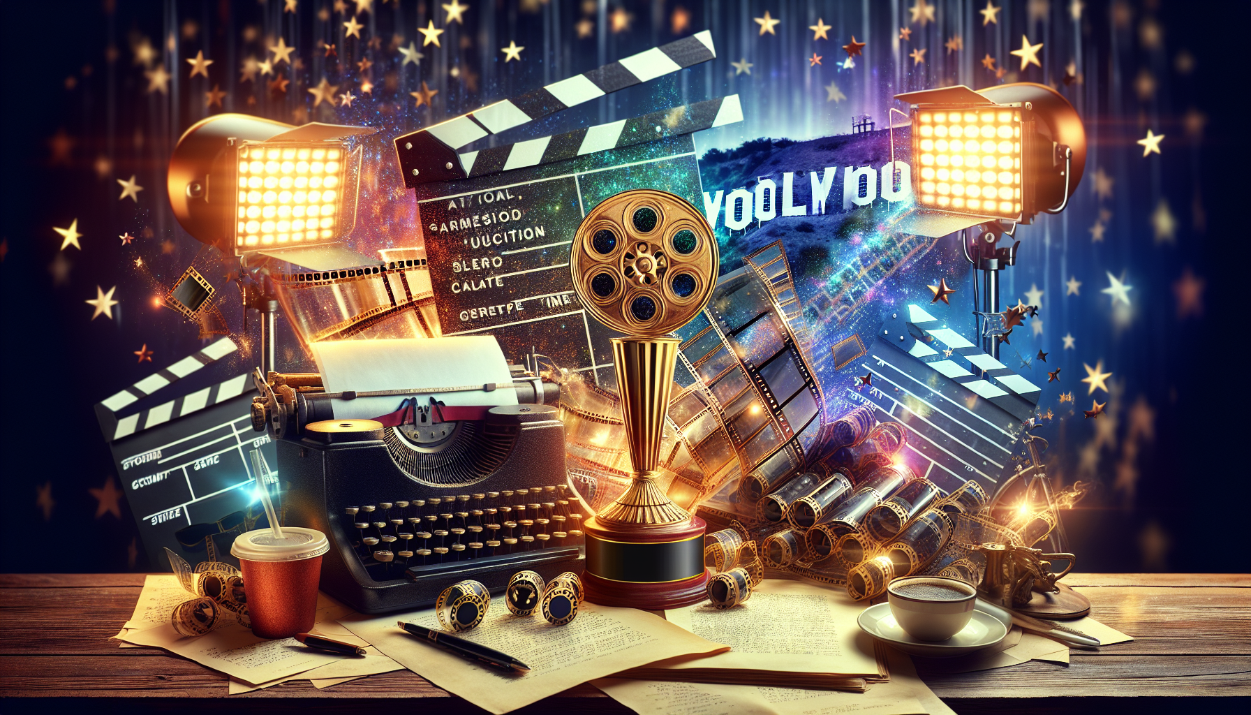 Here's a DALL-E prompt for an image related to this article:nnA cinematic composition featuring a golden trophy in the shape of a film reel, surrounded by scattered screenplay pages, a vintage typewriter, and a modern laptop. In the background, a blurred Hollywood sign and movie set lights create an atmospheric glow. The scene is set on a writer's desk with a cup of coffee and a 2023 calendar visible.