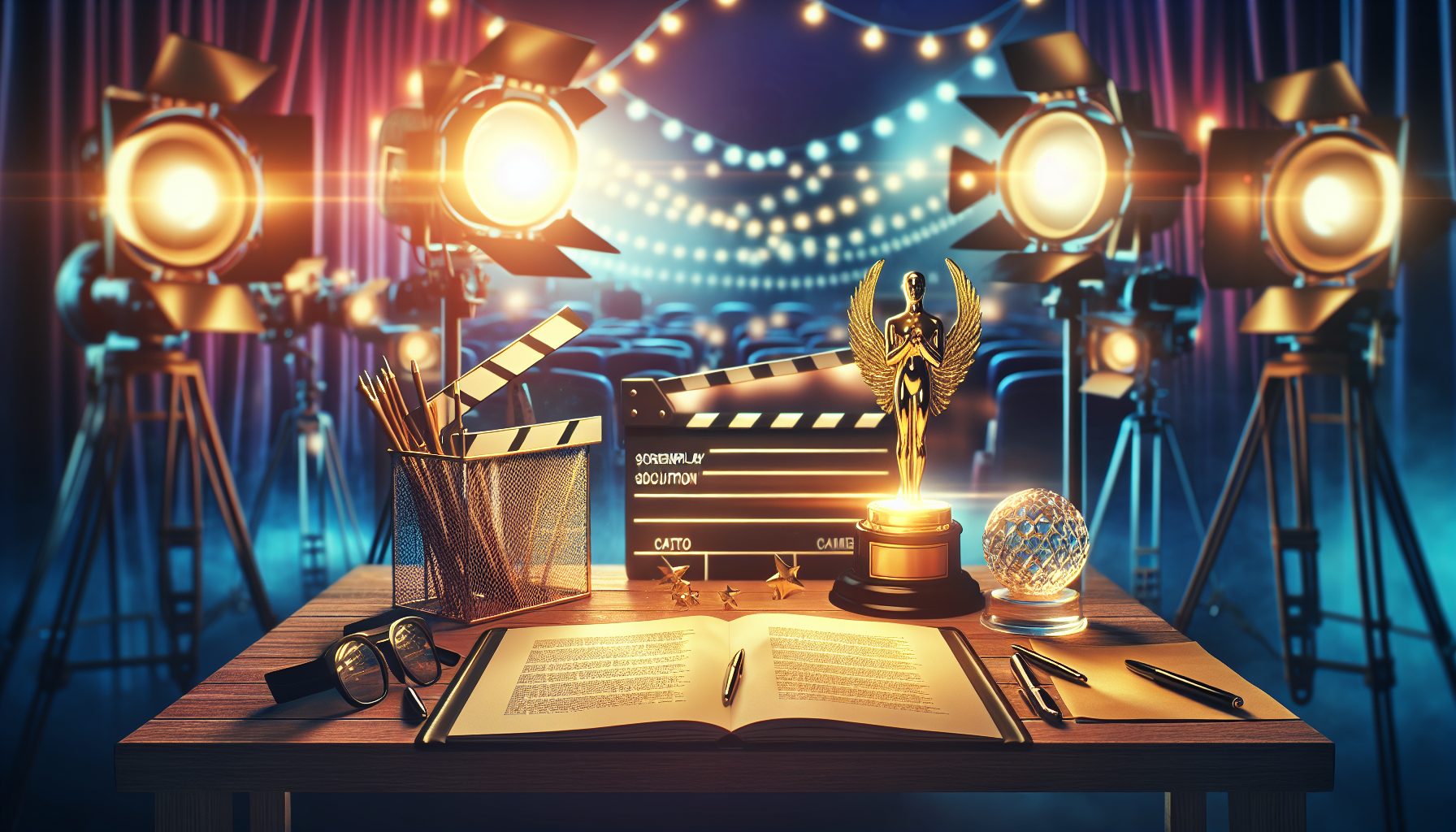 Here's a DALL-E prompt for an image related to this article:nnA cinematic scene showing a writer's desk with a screenplay, a golden trophy, and a Hollywood clapperboard. The desk is illuminated by a warm spotlight, and in the background, there's a blurred movie set with cameras and lights. The image should convey a sense of aspiration and opportunity in the film industry.