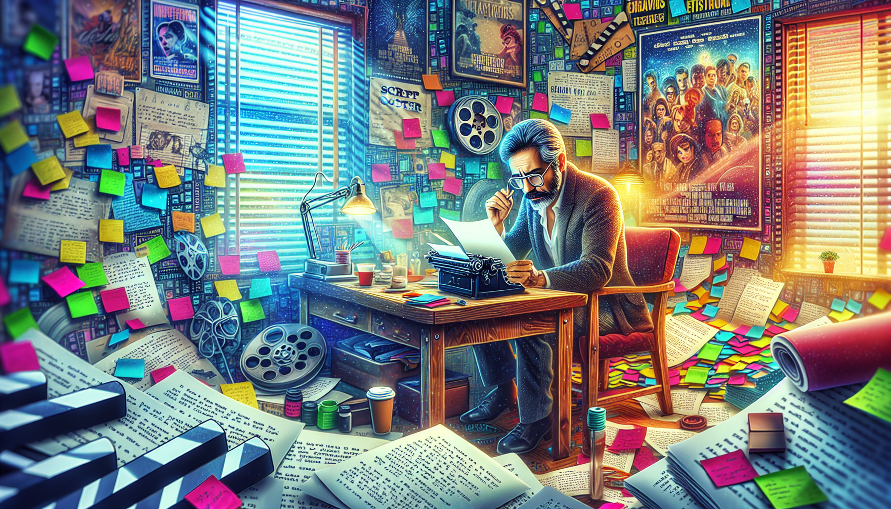 Create an imaginative scene featuring a script doctor in a cozy, cluttered office filled with movie posters, script pages, and a vintage typewriter. The script doctor, a middle-aged person with glasses, is intently reviewing a screenplay, surrounded by coffee cups and colorful sticky notes. Sunlight streams through a window, illuminating a wall covered with notes and edits. Include elements that represent film, like a clapperboard, film reels, and a director's chair, to convey the essence of screenwriting and film production.