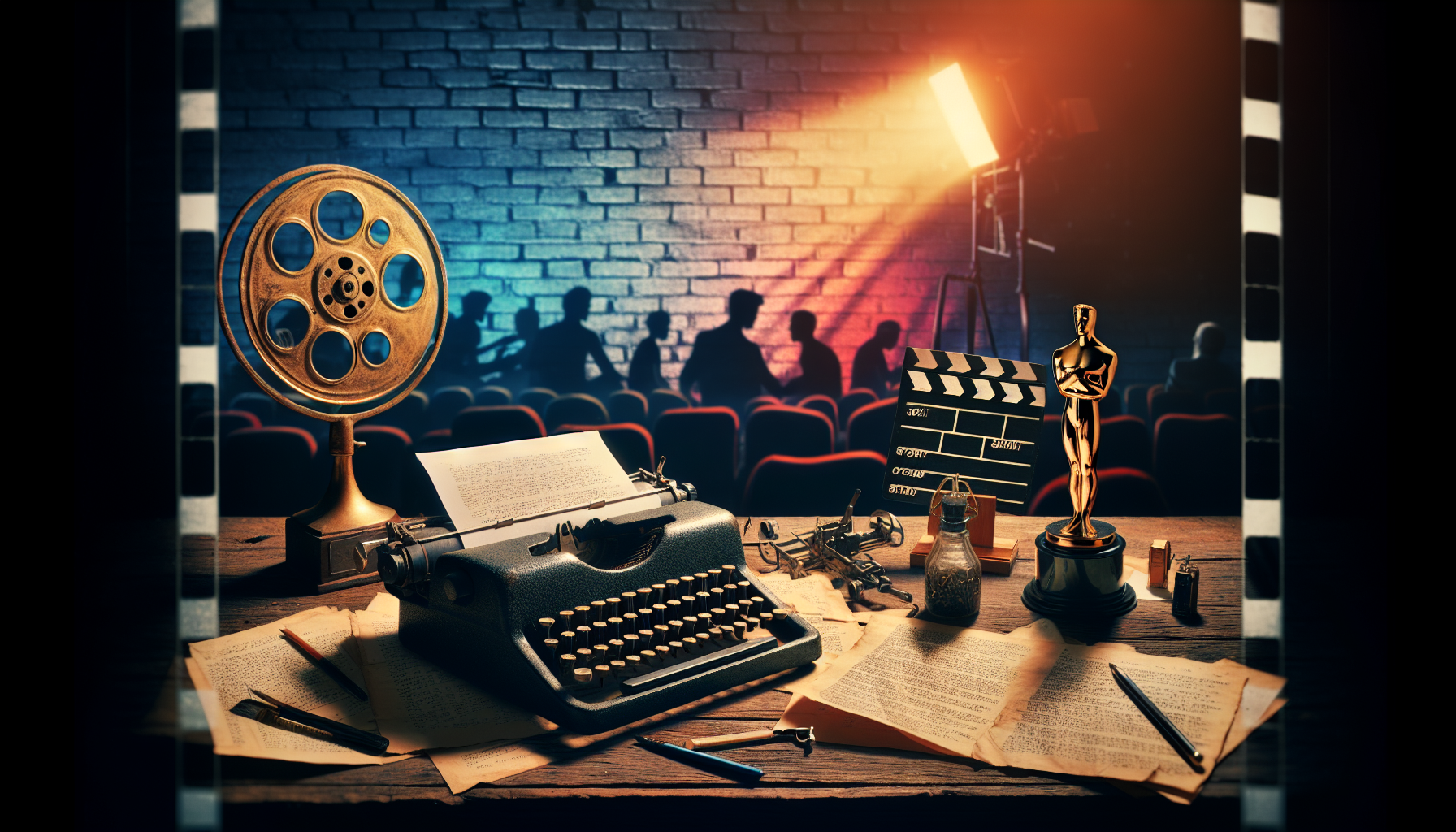 Here's a DALL-E prompt for an image related to this article:nnA cinematic composition showing a vintage typewriter on a wooden desk, with sheets of a screenplay scattered around it. Behind the desk, a movie theater screen illuminates the scene, projecting shadowy figures of actors and film crew members. A golden Oscar statuette stands next to the typewriter, while a director's clapperboard leans against the desk.