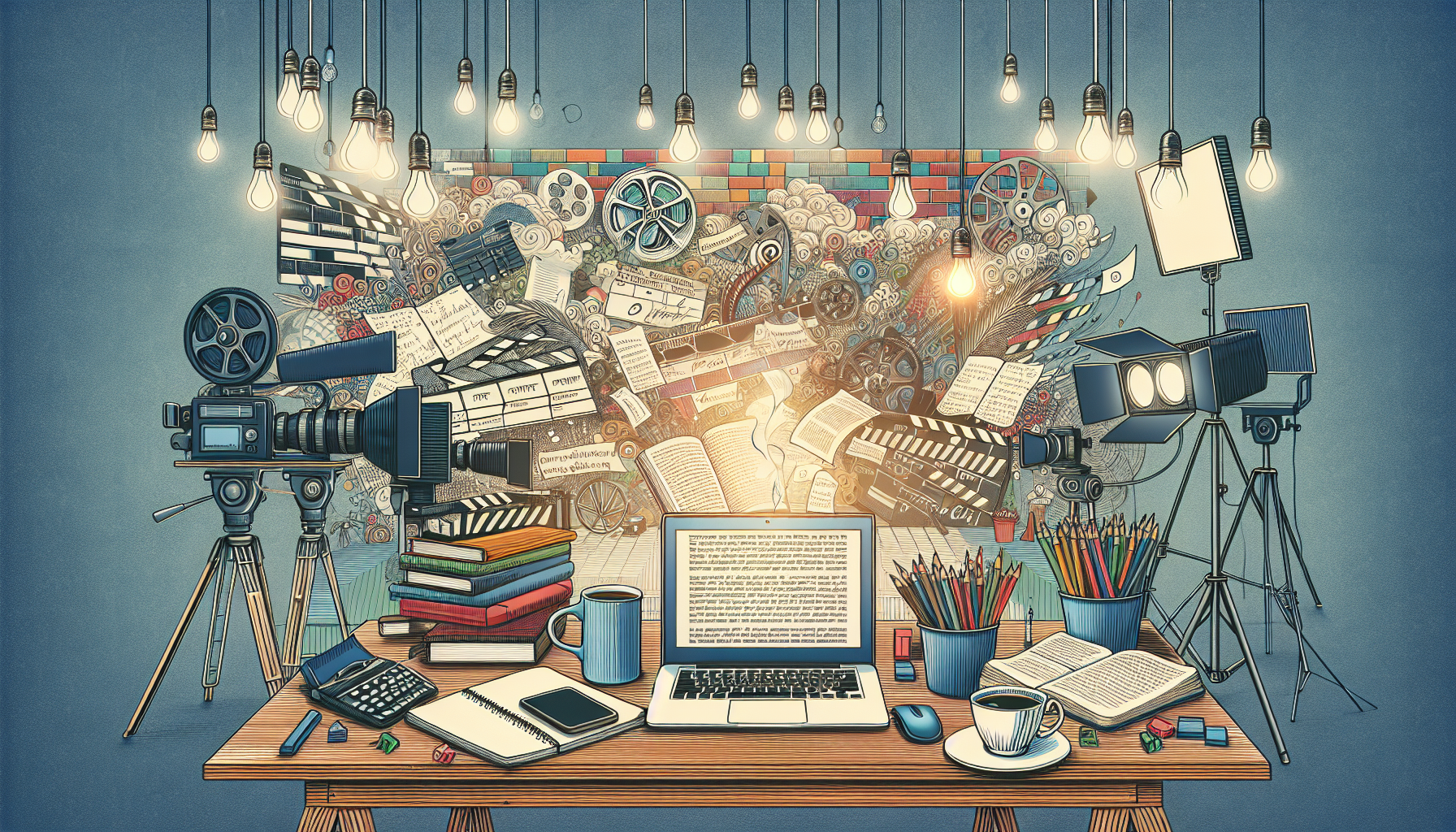 Create an illustration of a creative writing desk filled with screenwriting materials, including a laptop with a script open on the screen, notebooks filled with ideas, coffee cups, and storyboards pinned to the wall. The background features a film set with cameras and lighting equipment, symbolizing the transition from writing to production. The atmosphere should be inspiring and artistic, capturing the essence of screenwriting and storytelling in cinema.