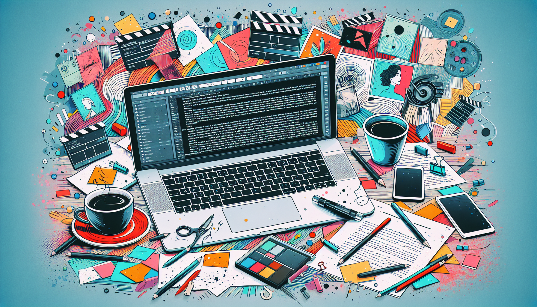 An artistic representation of a film editor's workspace featuring a laptop screen displaying an open Celtx screenplay, surrounded by notes, storyboards, coffee cups, and inspiring movie posters on the wall. The scene should convey a creative and organized environment, showcasing the process of screenplay writing with a blend of technology and traditional paper elements.