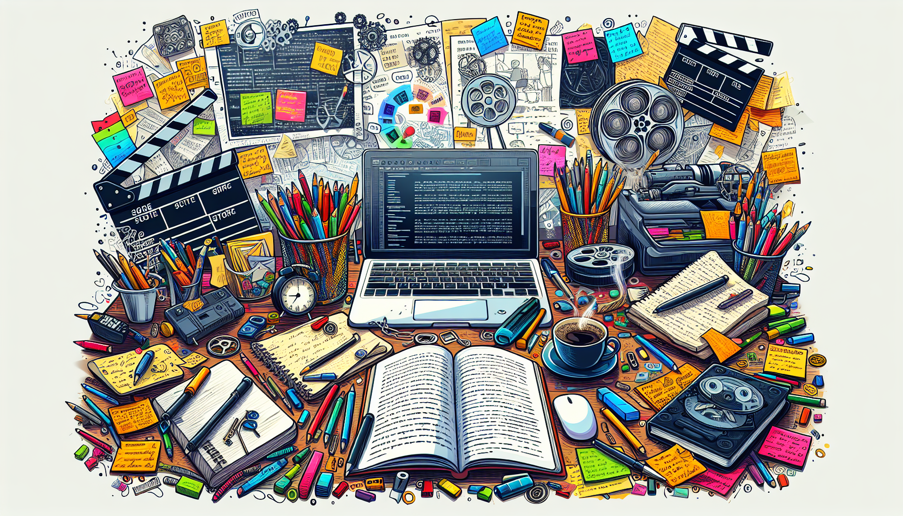 Create an engaging and inspiring image of a desk cluttered with screenwriting tools such as a laptop displaying a script, notebooks filled with notes, colorful sticky notes with brainstorming ideas, and a cup of coffee. Include a large poster on the wall behind the desk that reads 'Essential Tips for Screenwriting' with visual elements like a film reel and a clapperboard. The scene should convey a creative and motivating atmosphere for beginners in screenwriting.