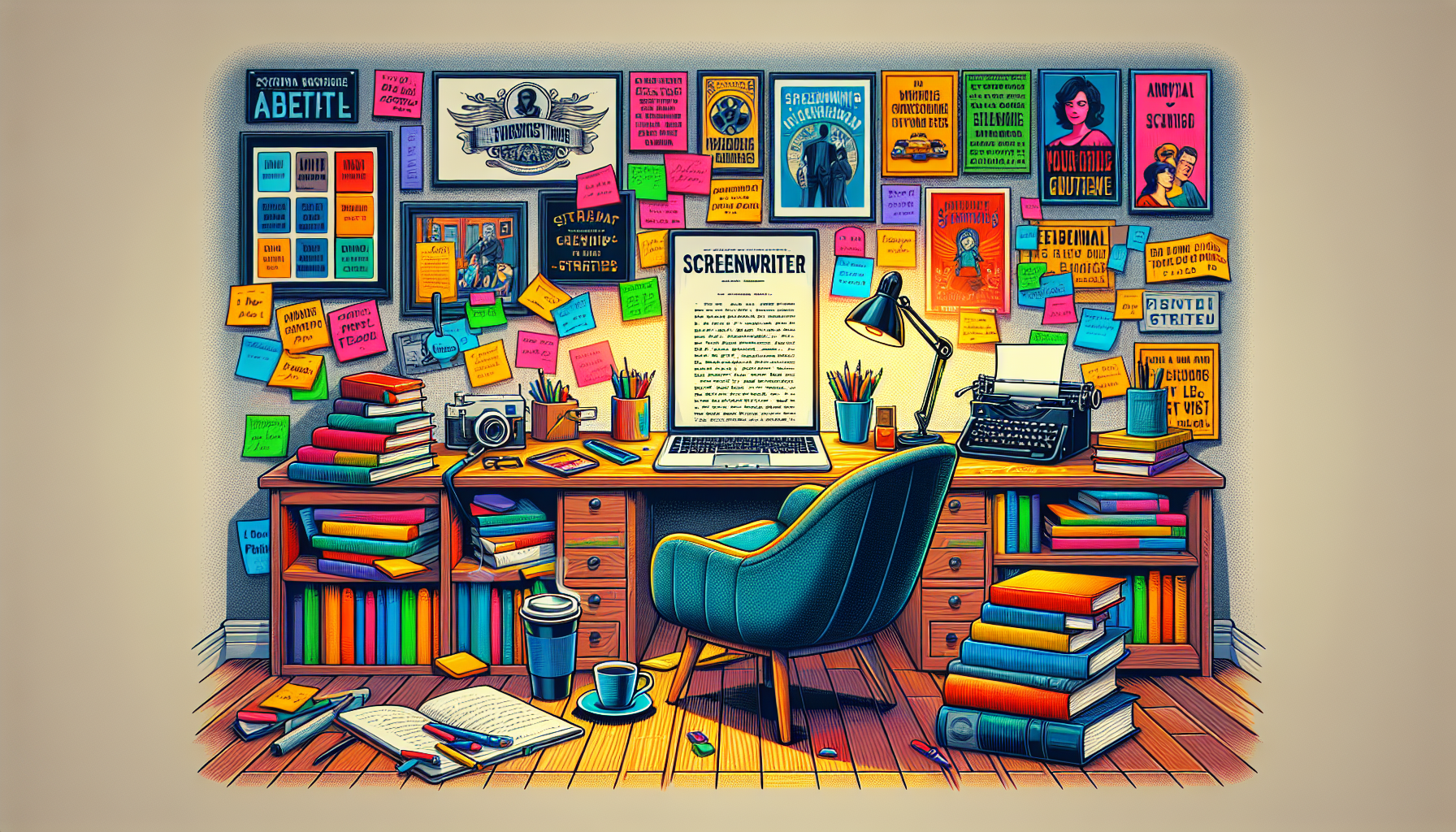 An organized study space filled with screenwriting materials: a laptop open with a screenplay on the screen, stacks of books about screenwriting techniques, colorful sticky notes with plot ideas, a cup of coffee, and a cozy armchair in a well-lit room. The walls are adorned with famous movie posters and inspirational quotes about storytelling and creativity.