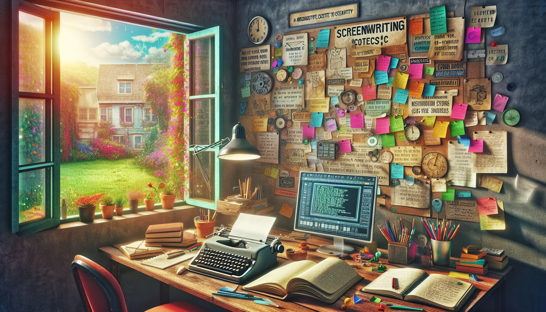 An imaginative workspace filled with creativity: a cozy room with a vintage typewriter, notebooks filled with ideas, and a laptop displaying the Trelby screenwriting software interface. Sunlight streaming in through a window with a view of a lush garden, inspiring an aspiring writer to create captivating stories. The atmosphere is vibrant, with colorful sticky notes and motivational quotes adorning the walls.