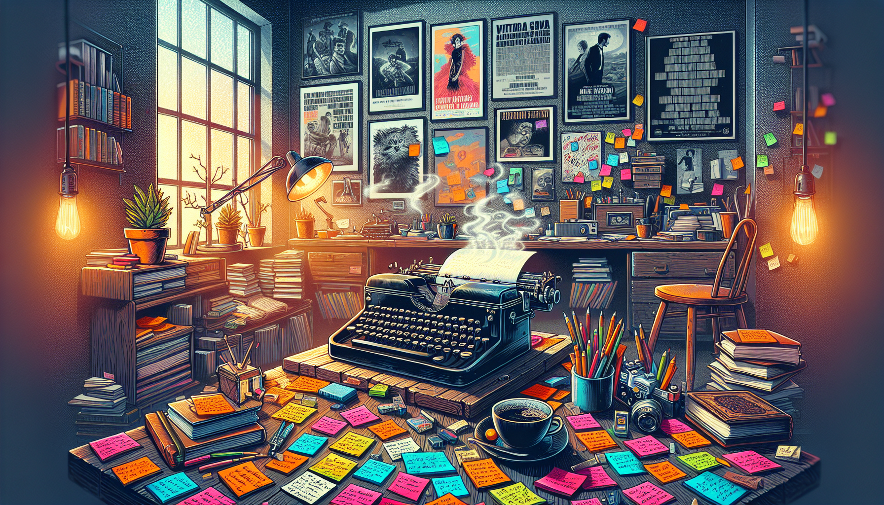 An artist's workspace filled with scattered movie scripts and screenplays, featuring a vintage typewriter, colorful sticky notes with brainstorming ideas, a cup of coffee, and a wall covered in posters of iconic films. The setting is cozy and creative, with warm lighting, books about filmmaking on the shelves, and a window showing a picturesque outdoor view.