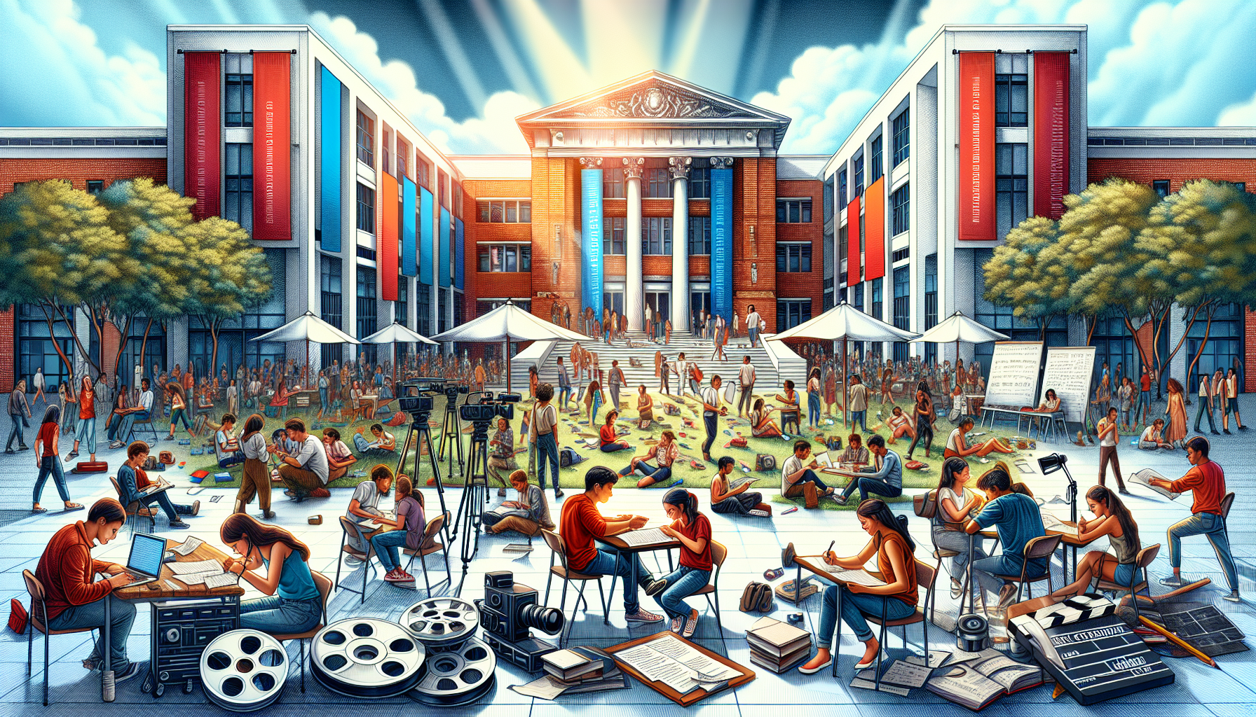 An artistic representation of a university campus bustling with aspiring filmmakers at work, featuring students writing scripts outdoors in sunny locations, surrounded by film reels, cameras, and creative elements like storyboards and notes. The background showcases iconic film school buildings with banners that read 'Top Screenwriting Programs'. The scene captures the vibrant energy of creativity and collaboration among young filmmakers.