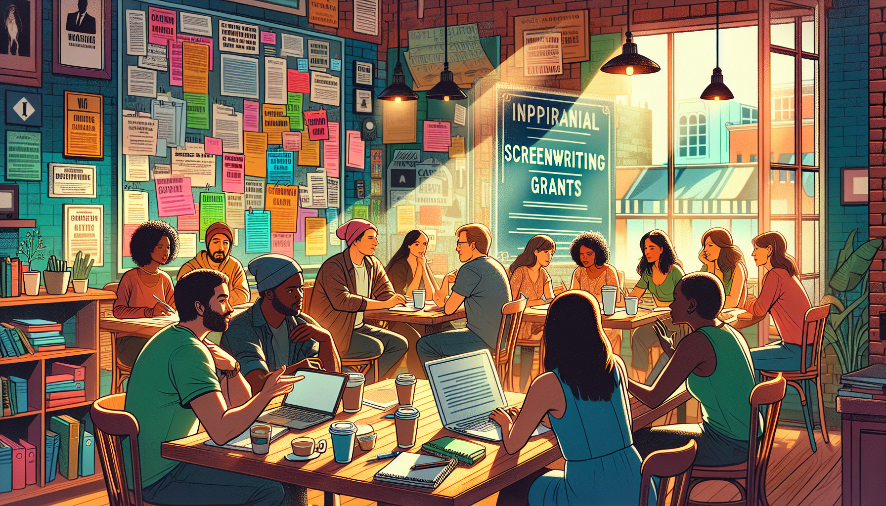 Create an inspirational scene depicting a diverse group of screenwriters brainstorming in a cozy café, surrounded by notebooks, laptops, and coffee cups. In the background, a bulletin board filled with colorful flyers about screenwriting grants and opportunities. The atmosphere is vibrant and collaborative, with sunlight streaming through the windows, illuminating the creative energy in the room.