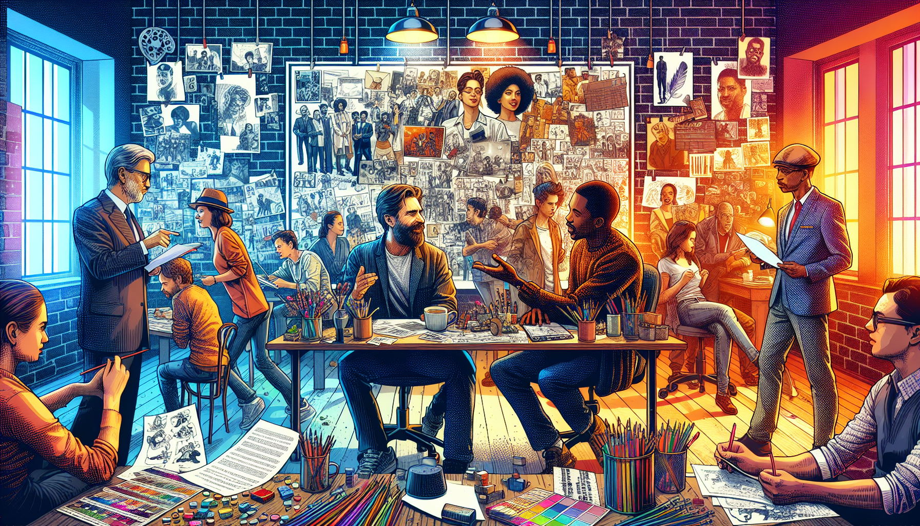 An artistic scene depicting a vibrant film studio office, with a diverse group of creative individuals collaborating on a screenplay. The room is filled with storyboards, scripts, and movie posters. In the foreground, a director discusses ideas with a screenwriter while a mood board with various cinematic inspirations hangs on the wall. There’s a large whiteboard filled with notes and characters, capturing the excitement of the film-making process.