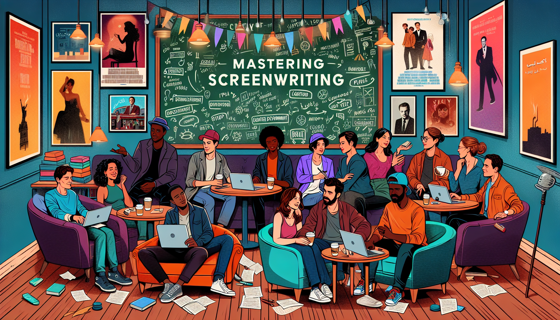 Create an inspiring and visually engaging illustration of a diverse group of aspiring screenwriters gathered in a cozy coffee shop, surrounded by movie posters and screenwriting books. They are animatedly discussing tips and techniques, with a chalkboard in the background featuring key phrases like 'Character Development', 'Plot Structure', and 'Dialogue'. Highlight the creativity and collaboration among the writers, with laptops open and notes scattered around, capturing the essence of mastering screenwriting.