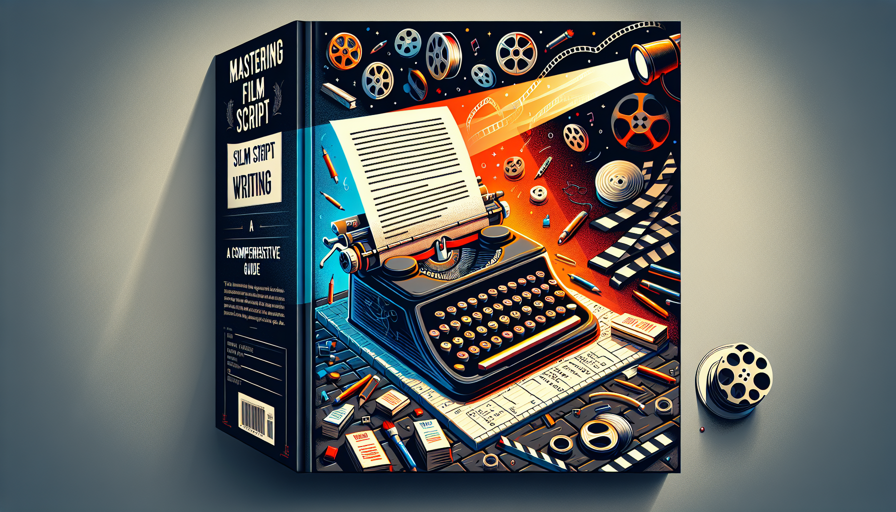 Create an imaginative and visually engaging book cover design for 'Mastering Film Script Writing: A Comprehensive Guide'. The cover should feature a vintage typewriter with a blank sheet of paper, cinematic elements like film reels and clapperboards in the background, and a spotlight shining down to create a dramatic effect. Incorporate the title in bold, elegant typography that suggests creativity and storytelling.