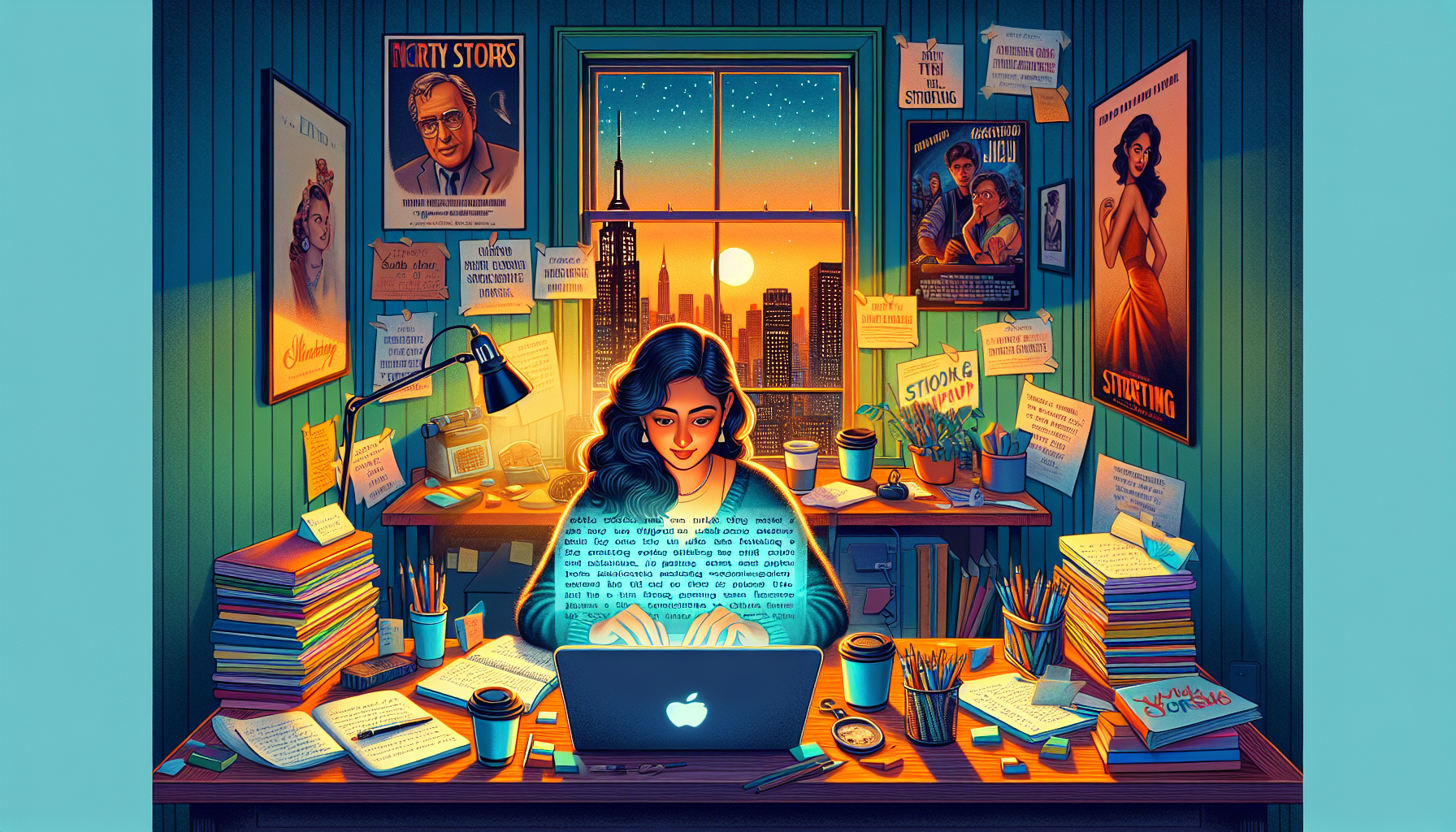 An aspiring screenwriter sitting at a desk cluttered with notepads, coffee cups, and a glowing laptop, surrounded by posters of classic films. The walls are covered with inspirational quotes about storytelling. Soft, warm lighting creates a cozy atmosphere as the writer types intently, with a script visible on the screen showcasing dramatic dialogue. A window in the background reveals a bustling cityscape at sunset, symbolizing the journey of bringing stories to life.