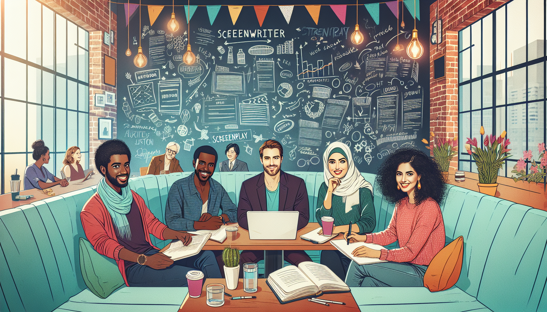 Create an imaginative and colorful illustration depicting a diverse group of aspiring screenwriters in a cozy café, brainstorming ideas for their first scripts. Include elements such as notebooks, coffee cups, and a chalkboard with screenplay structure diagrams. The atmosphere should be vibrant and inspiring, reflecting creativity and collaboration in the world of screenwriting.