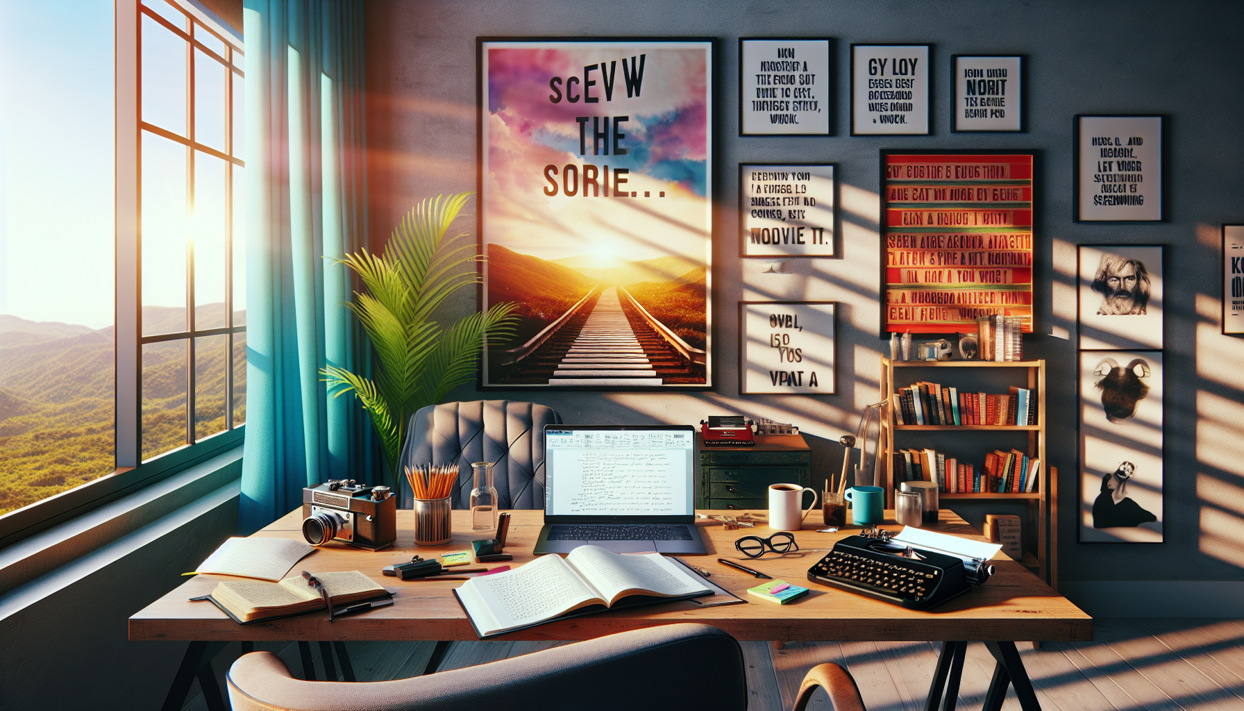 An inspiring workspace for a screenwriter, featuring a cozy desk cluttered with scripts, notebooks, and a laptop displaying a screenplay in progress. The background shows a wall covered with motivational quotes and movie posters, along with a window revealing a sunny landscape outside. Include elements like a cup of coffee, a typewriter, and a bookshelf filled with screenwriting books, highlighting the creative and artistic vibe of a writer's haven.