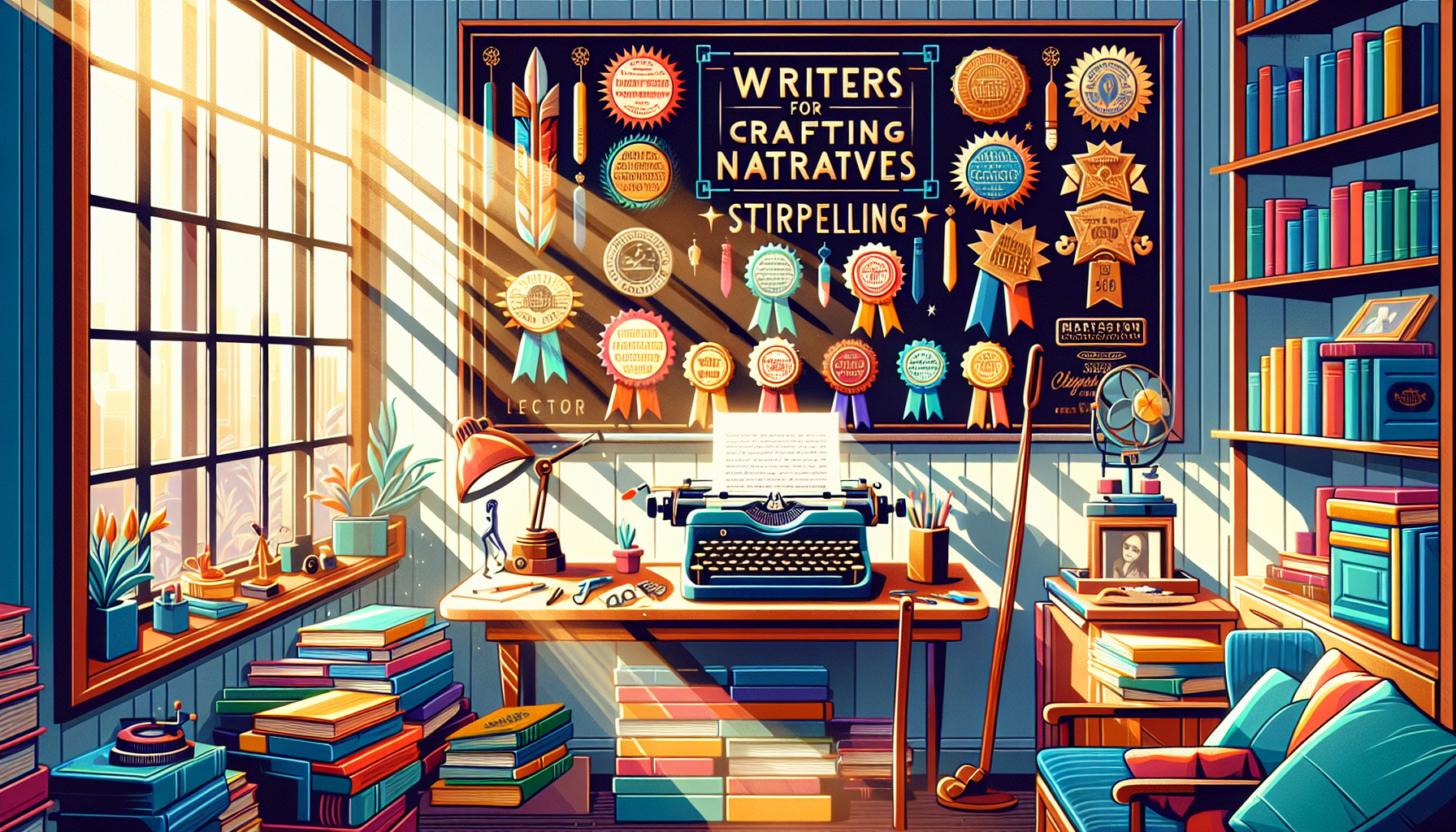 An inspiring workspace for aspiring screenwriters, featuring a vintage typewriter, a stack of screenplays with award ribbons, a bulletin board showcasing logos of top screenplay contests from 2022, and a cozy reading nook with film-related decor. Sunlight streaming in through a window filled with inspirational quotes about writing and storytelling.