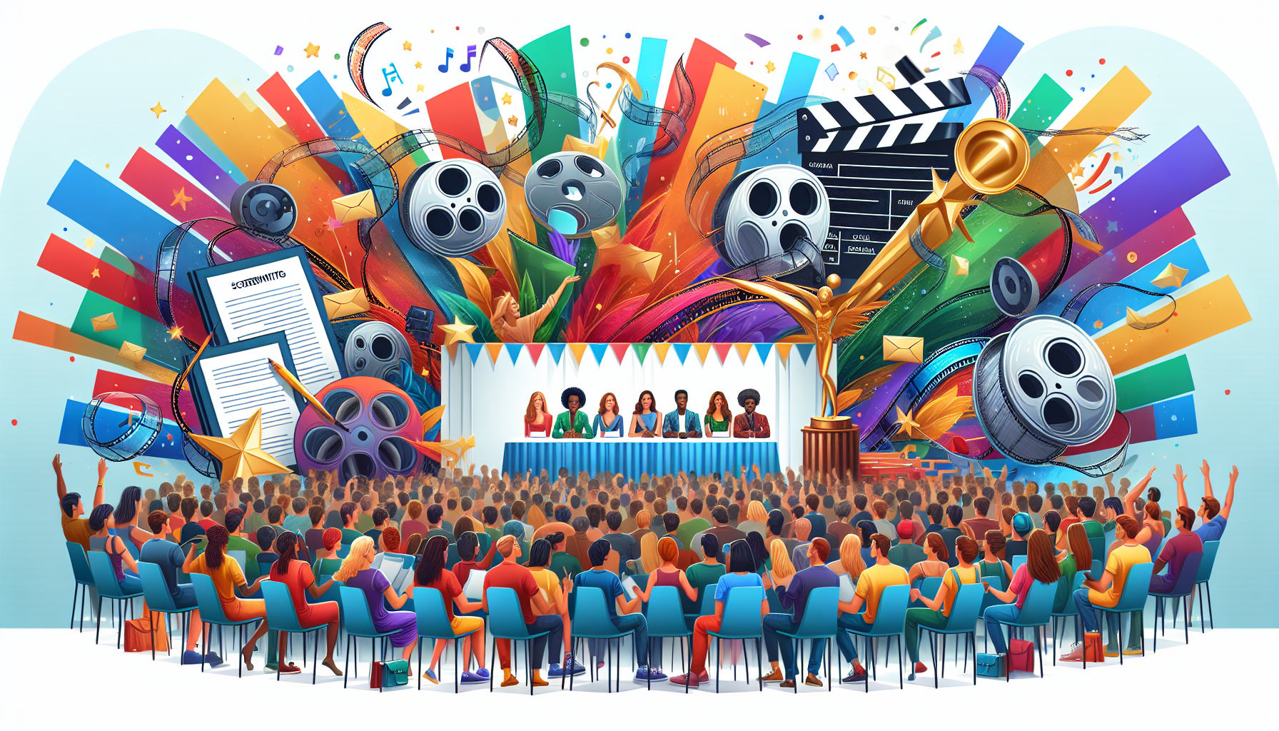 An artistic representation of a vibrant film festival scene featuring diverse screenwriters of various backgrounds, eagerly participating in a prestigious screenwriting contest. The backdrop includes a large banner that says 'Top Screenwriting Contests', with film reels, scripts, and awards symbolizing creativity and talent. Bright colors and an enthusiastic atmosphere capture the excitement of showcasing original stories in the world of cinema.