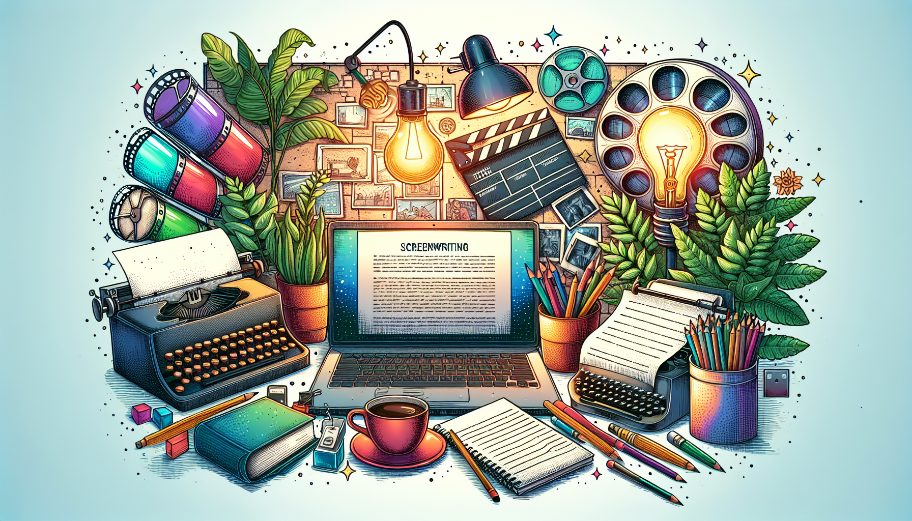 Create an illustrated graphic that visually represents the concept of screenwriting. Include elements like a laptop with a screenplay open on the screen, a notepad filled with ideas, a coffee cup, a film reel, and inspirational quotes related to writing. Surround these items with icons representing popular screenwriting websites and resources, such as a pencil, a typewriter, and a light bulb symbolizing creativity. The background should be a cozy writing nook, complete with plants and ambient lighting to evoke a creative atmosphere.