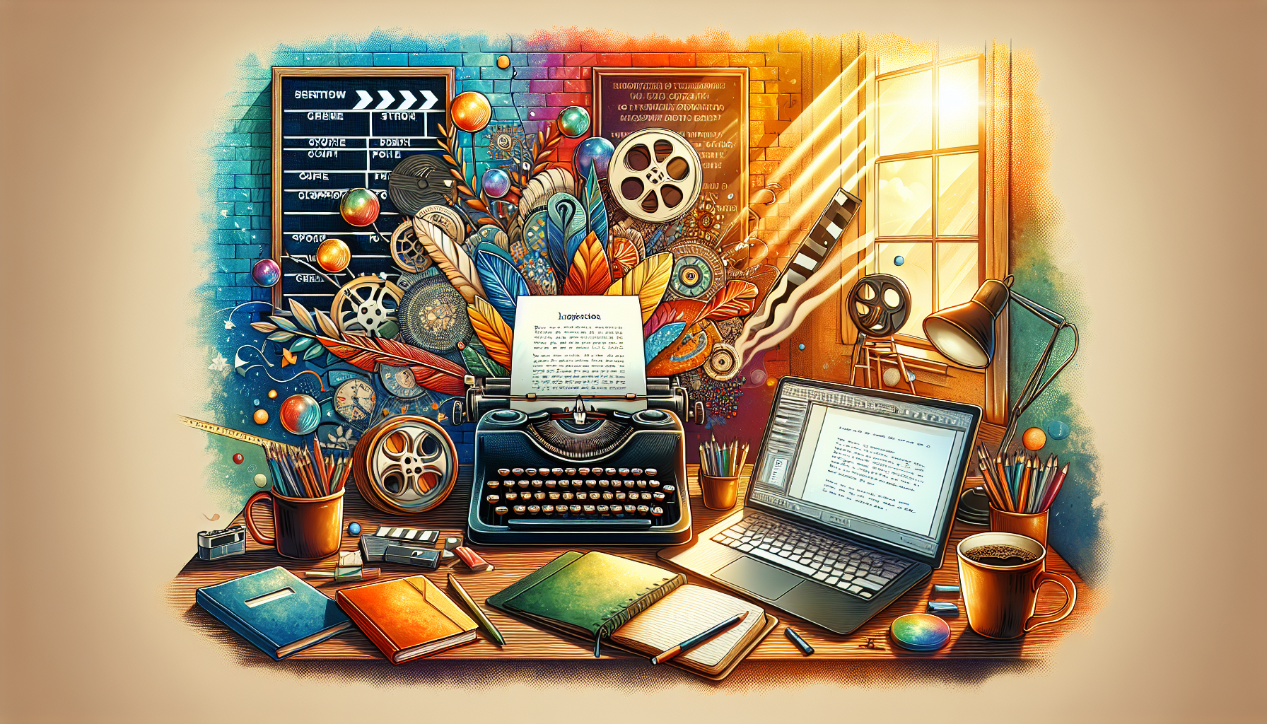 An inspiring workspace for writers featuring a vintage typewriter surrounded by colorful notebooks, a steaming cup of coffee, and a laptop displaying a screenplay program interface. Sunlight streams through a window with creative quotes on the wall, creating an atmosphere of motivation and artistic energy. Include elements of film, like a clapperboard and a film reel, in the background.