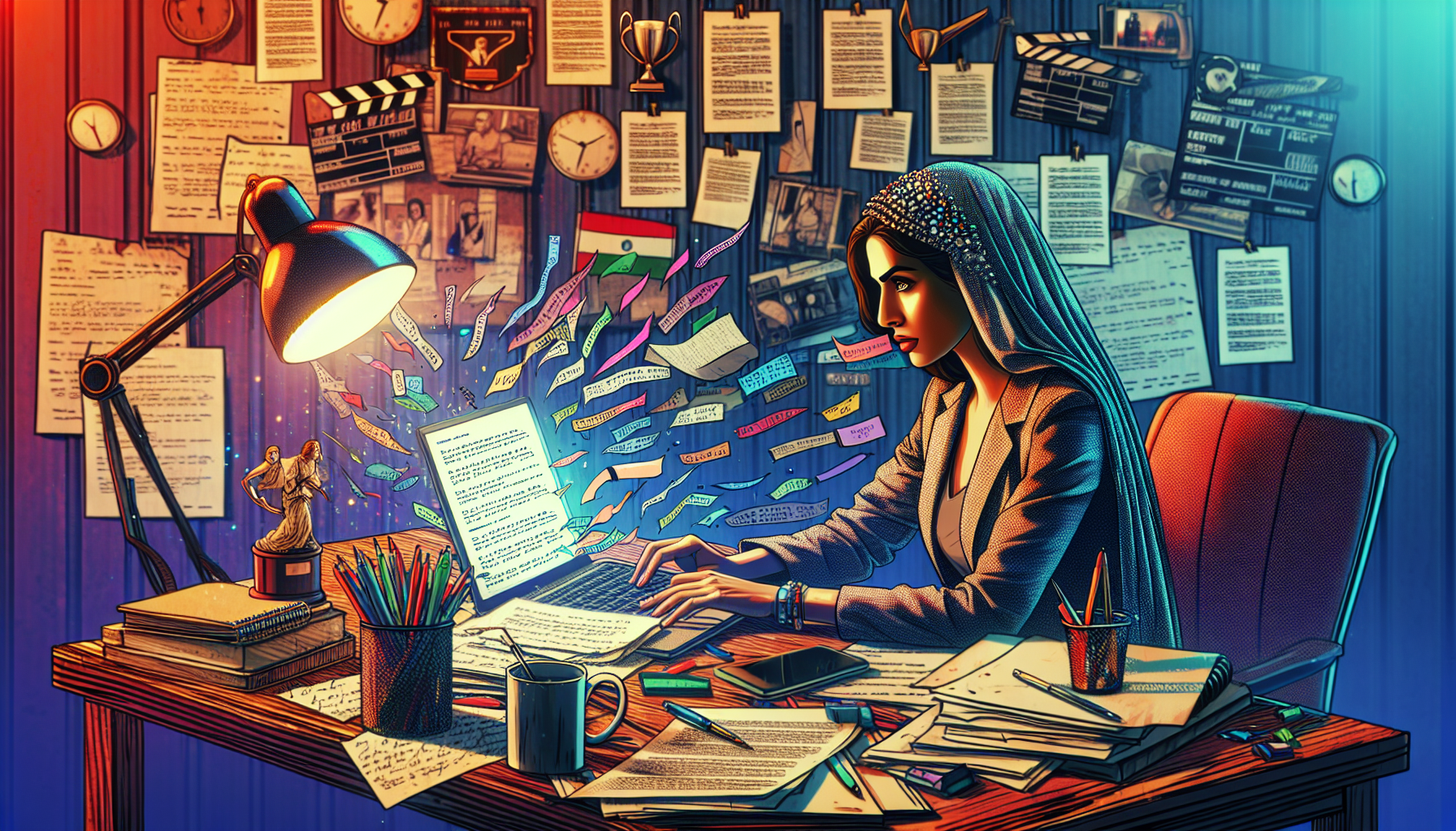 An artistic representation of a writer sitting at a cluttered desk surrounded by notes and screenplay drafts, engaged in a creative brainstorming session. On the desk, a glowing laptop displays script pages with colorful annotations. In the background, inspiration from film posters and award trophies highlight the importance of valuable feedback in enhancing the artistry of screenwriting. Soft lighting creates a warm, inviting atmosphere, emphasizing creativity and collaboration.