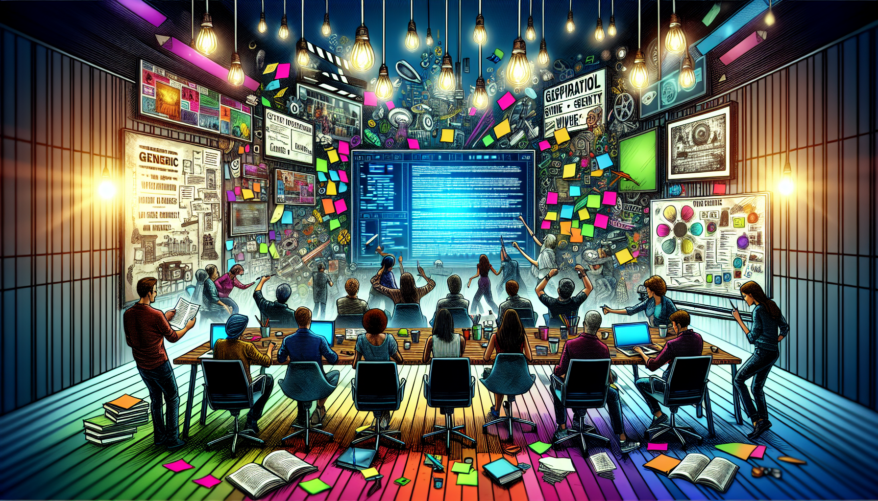 An artistic depiction of a creative workspace featuring a diverse group of filmmakers collaborating on a script using Wescreenplay software. The scene includes a large screen displaying screenplay pages, colorful sticky notes scattered on the table, coffee cups, and a whiteboard filled with notes and ideas. The room is filled with inspirational movie posters and bright lighting, capturing the excitement of the filmmaking process.