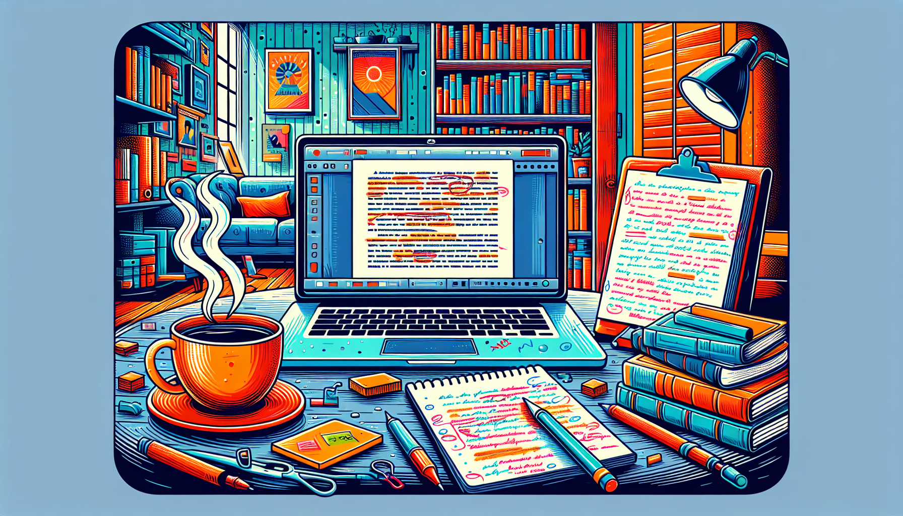 Create an image of a cozy writer's workspace featuring a laptop open to a screenplay document with red editing marks and notes. Include a steaming cup of coffee, a notepad with scribbled tips on proofreading, and a bookshelf filled with classic screenplays in the background. The scene should convey a sense of focus, creativity, and the meticulous process of polishing a script for a successful film.