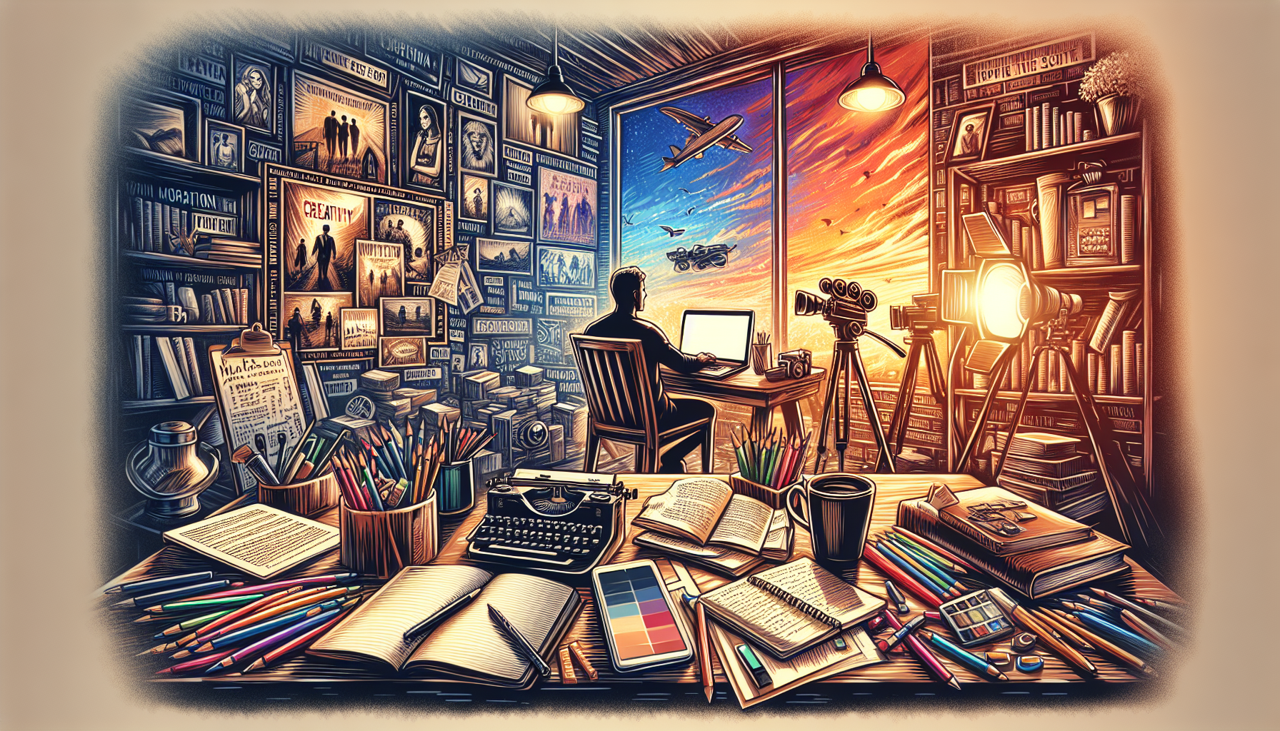 Create an image that visually represents the journey of becoming a scriptwriter. Include elements like a cluttered desk with a laptop, notebooks filled with notes, a coffee cup, and inspiration boards pinned with movie posters and quotes. In the background, depict a cozy room filled with bookshelves, a window showing a sunset, and a character engaged in brainstorming ideas, surrounded by scenes of film production (like cameras and a script on a director's chair). Add keywords such as creativity, storytelling, and imagination artistically integrated into the scene.