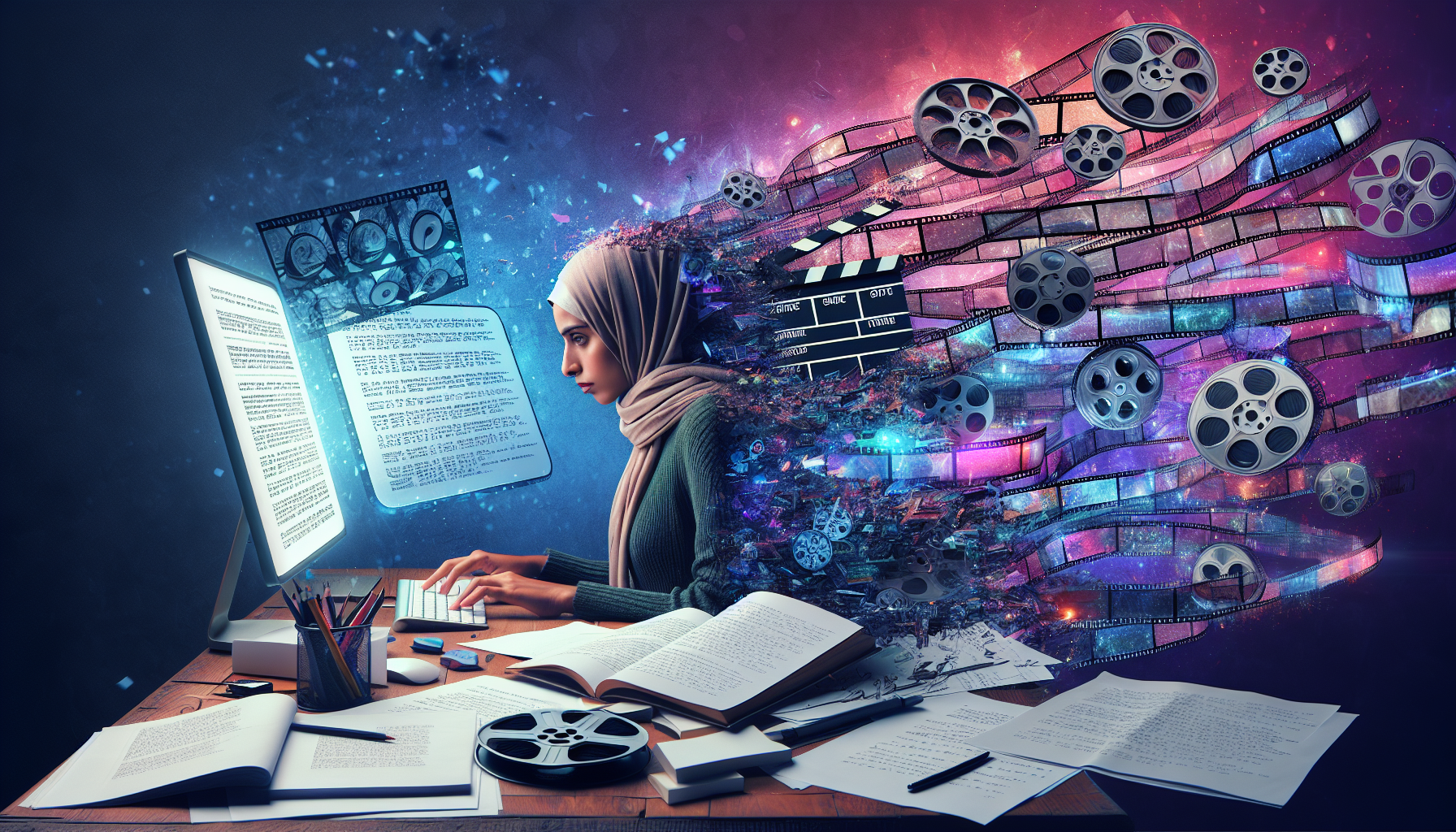 Create an imaginative and visually appealing illustration of a screenwriter sitting at a desk surrounded by scripts and notes, with a large, colorful digital screen displaying a film scene that seamlessly transitions from a 'fade in' effect. The backdrop should feature iconic elements of cinema like film reels, a clapperboard, and inspiring quotes about screenwriting. The atmosphere should be creative and dynamic, highlighting the art of storytelling and the importance of mastering cinematic techniques.